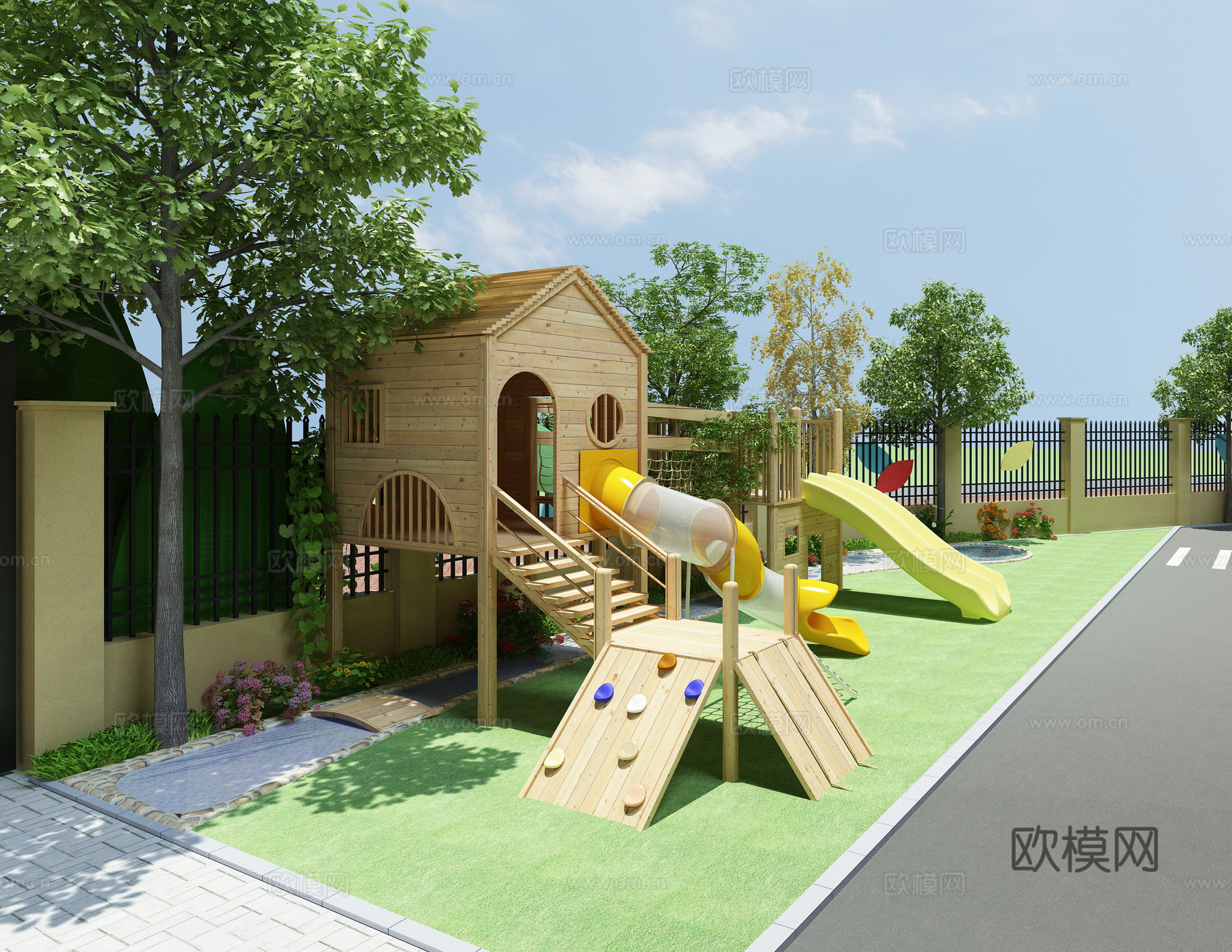 幼儿园木屋组合 户外攀爬3d模型下载（渲染图1）