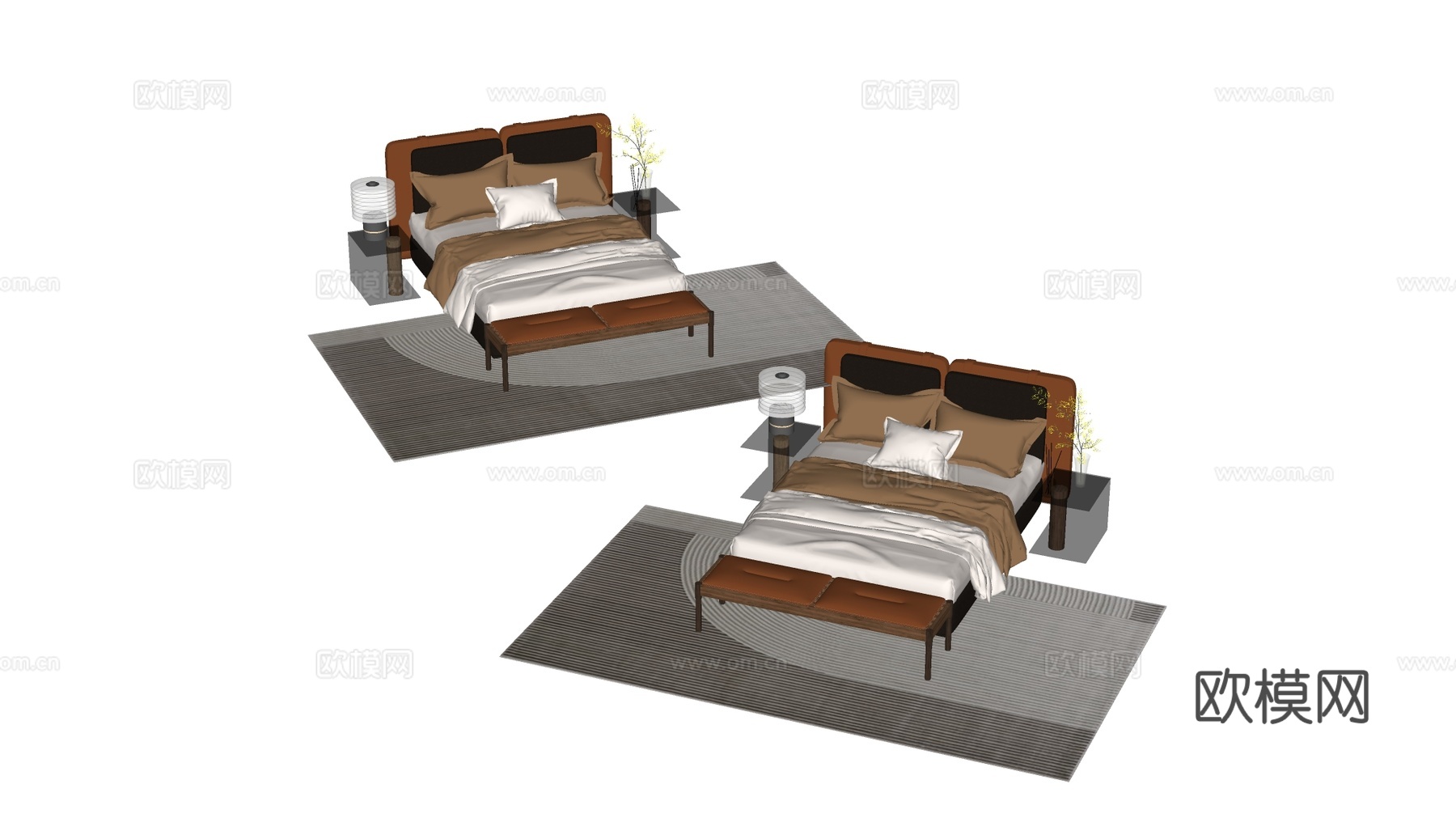 现代酒店风卧室家具 大床 玻璃床头柜 床尾凳su模型