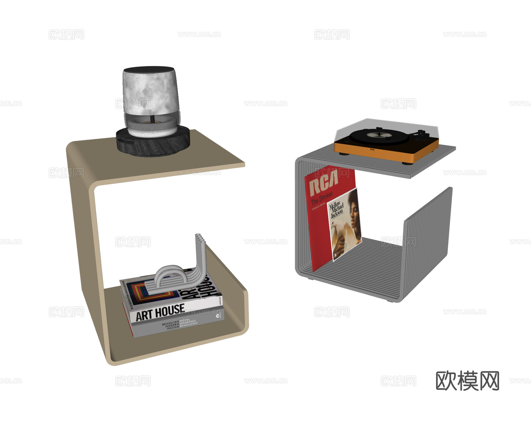 现代包豪斯边几组合 金属边几 唱片架 书架su模型