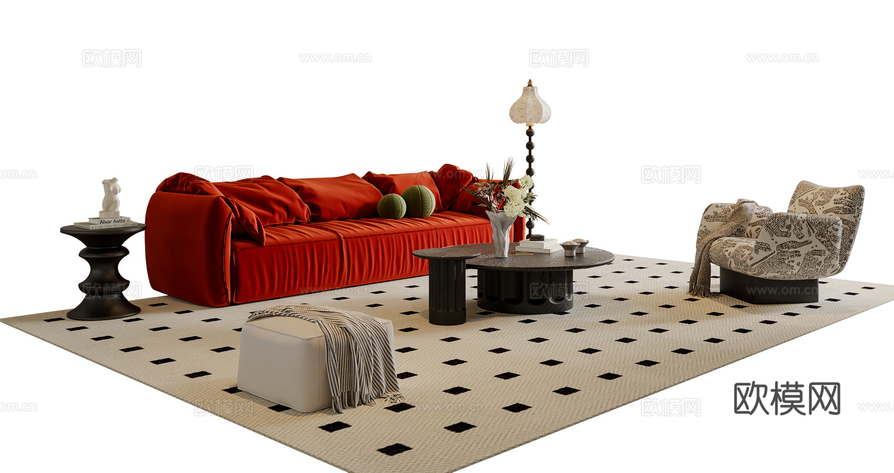 法式沙发茶几组合 三人沙发 休闲沙发 落地灯 地毯su模型