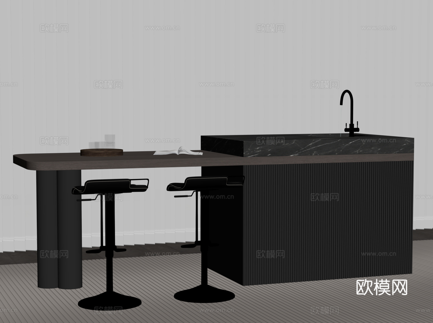 现代意式岛台 吧台 开放式餐桌椅su模型