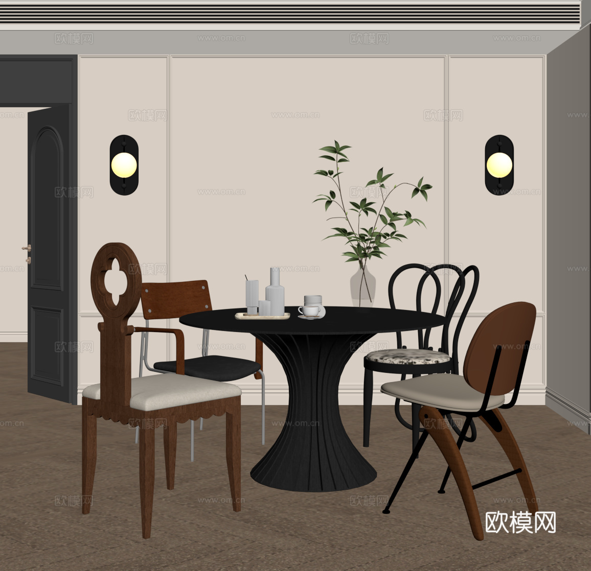 法式中古餐桌椅  休闲桌椅su模型下载（渲染图2）