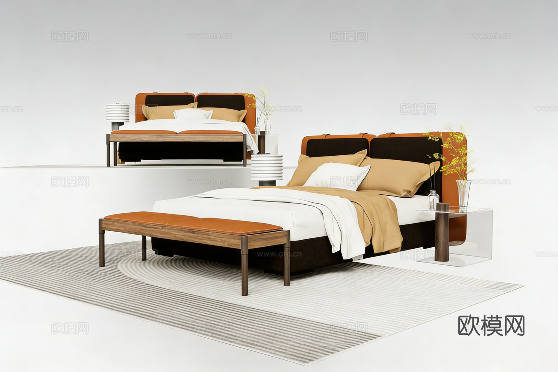 现代酒店风卧室家具 大床 玻璃床头柜 床尾凳su模型