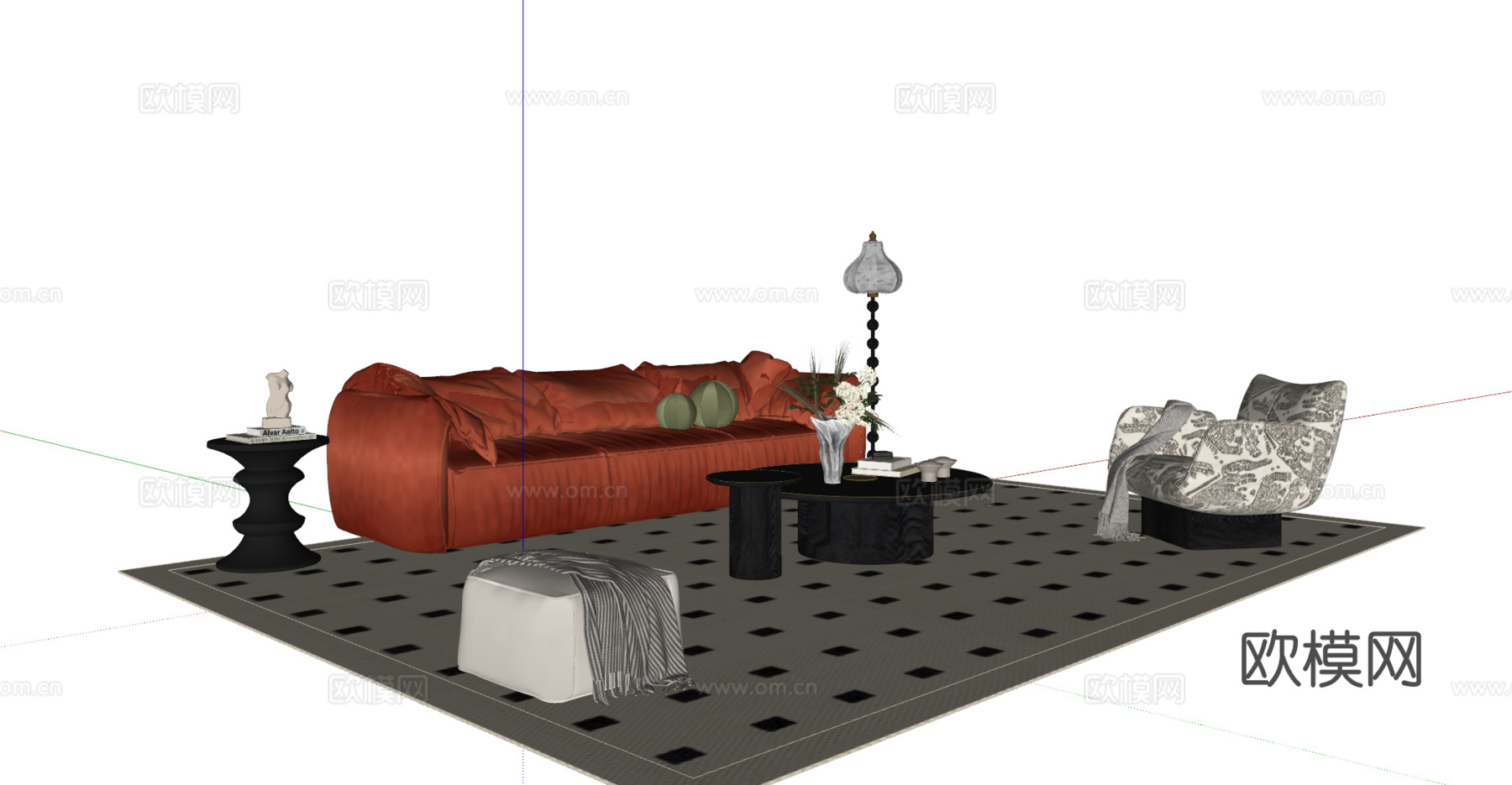 法式沙发茶几组合 三人沙发 休闲沙发 落地灯 地毯su模型