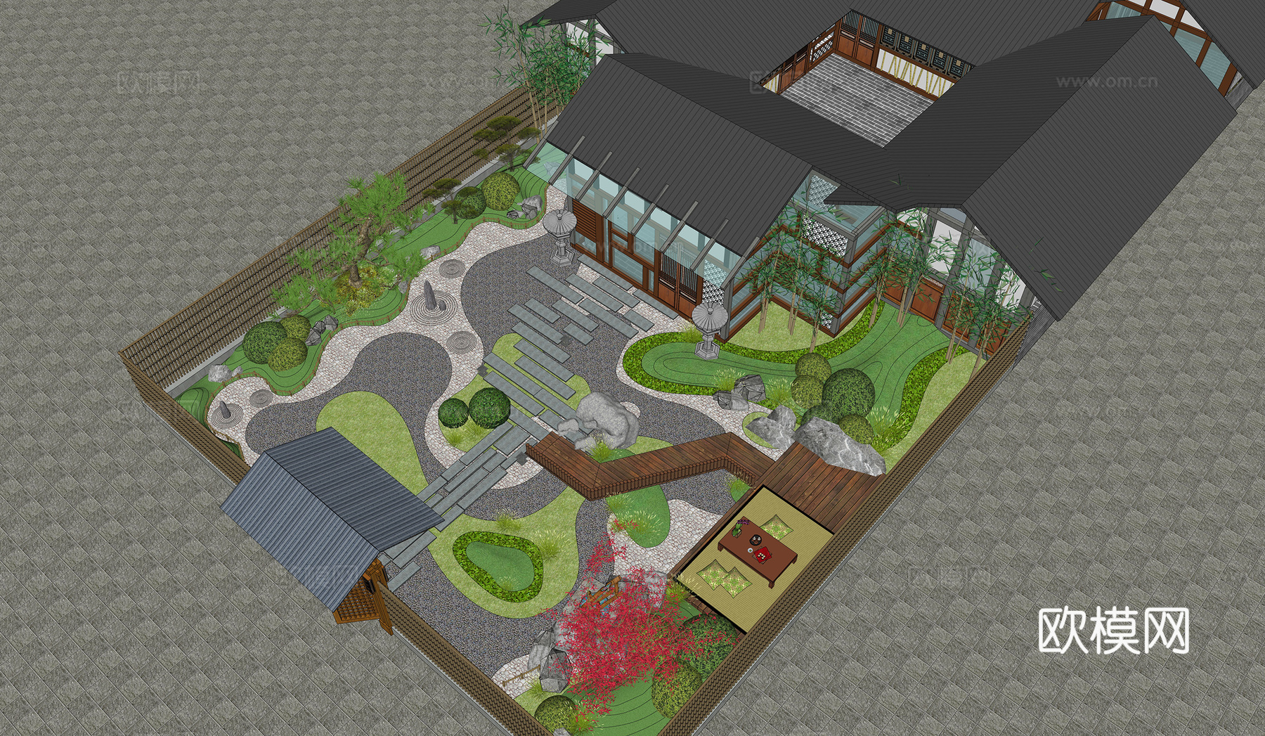 日式侘寂入户花园景观su模型