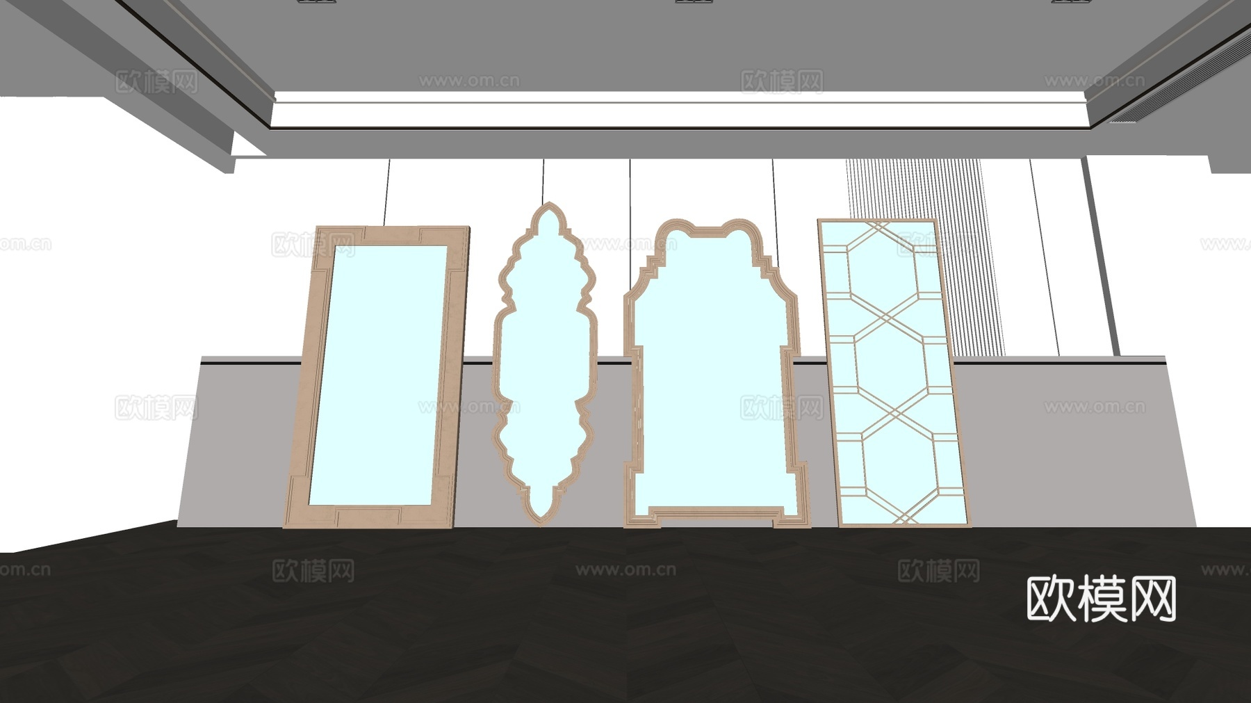 现代艺术感全身镜 波浪形拱形 几何边框su模型