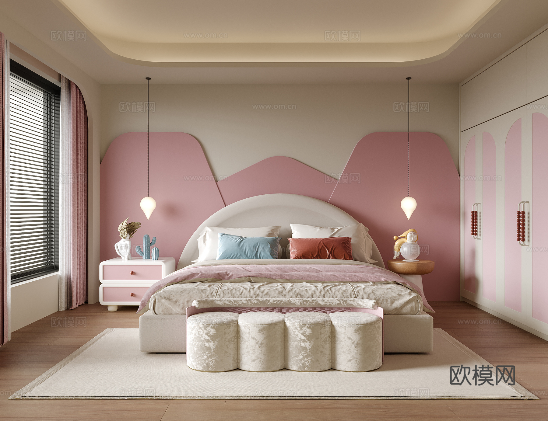 现代儿童房 女孩房 卧室 儿童床 儿童床头柜su模型