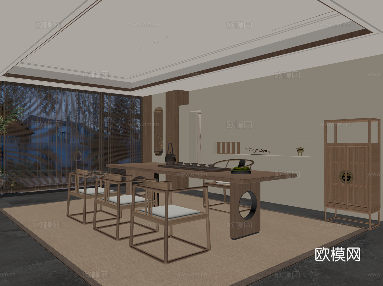 新中式茶室 茶桌椅 博古架su模型