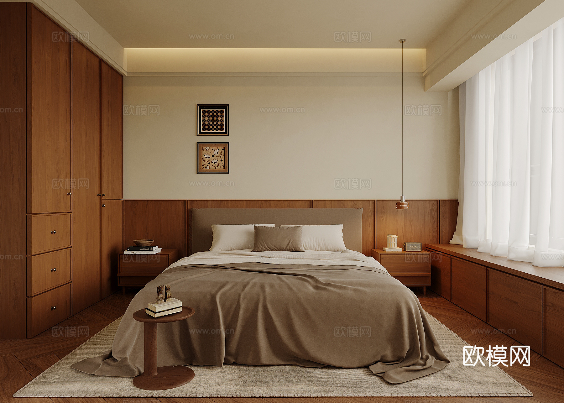 中古风卧室 双人床 衣柜su模型