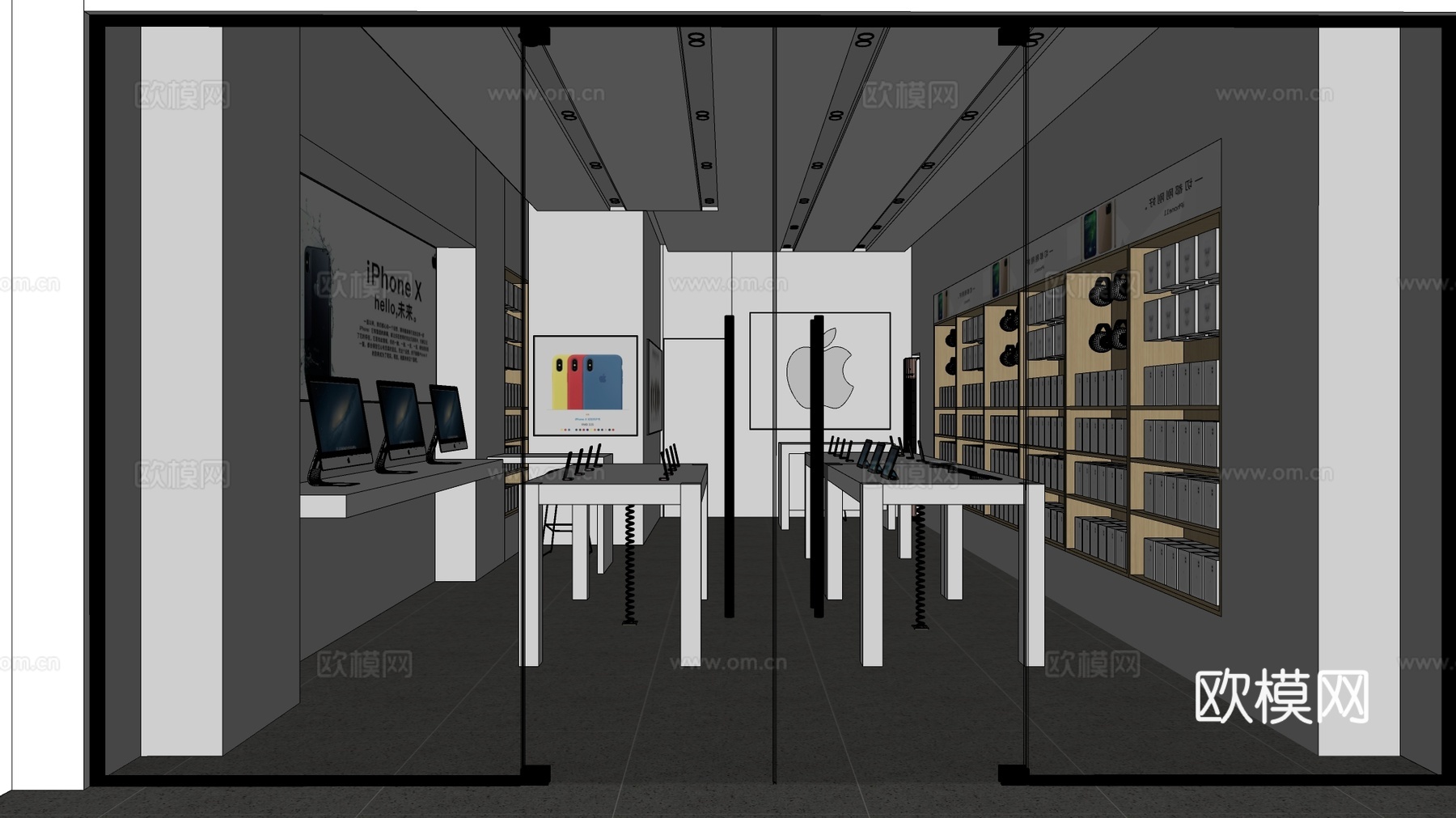 现代品牌电子产品专卖店 手机店 白色展示桌 发光Logo墙su模型