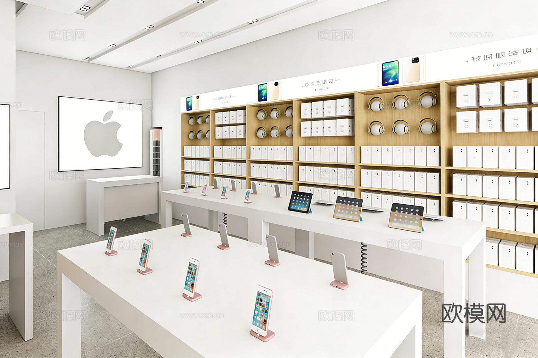 现代品牌电子产品专卖店 手机店 白色展示桌 发光Logo墙su模型