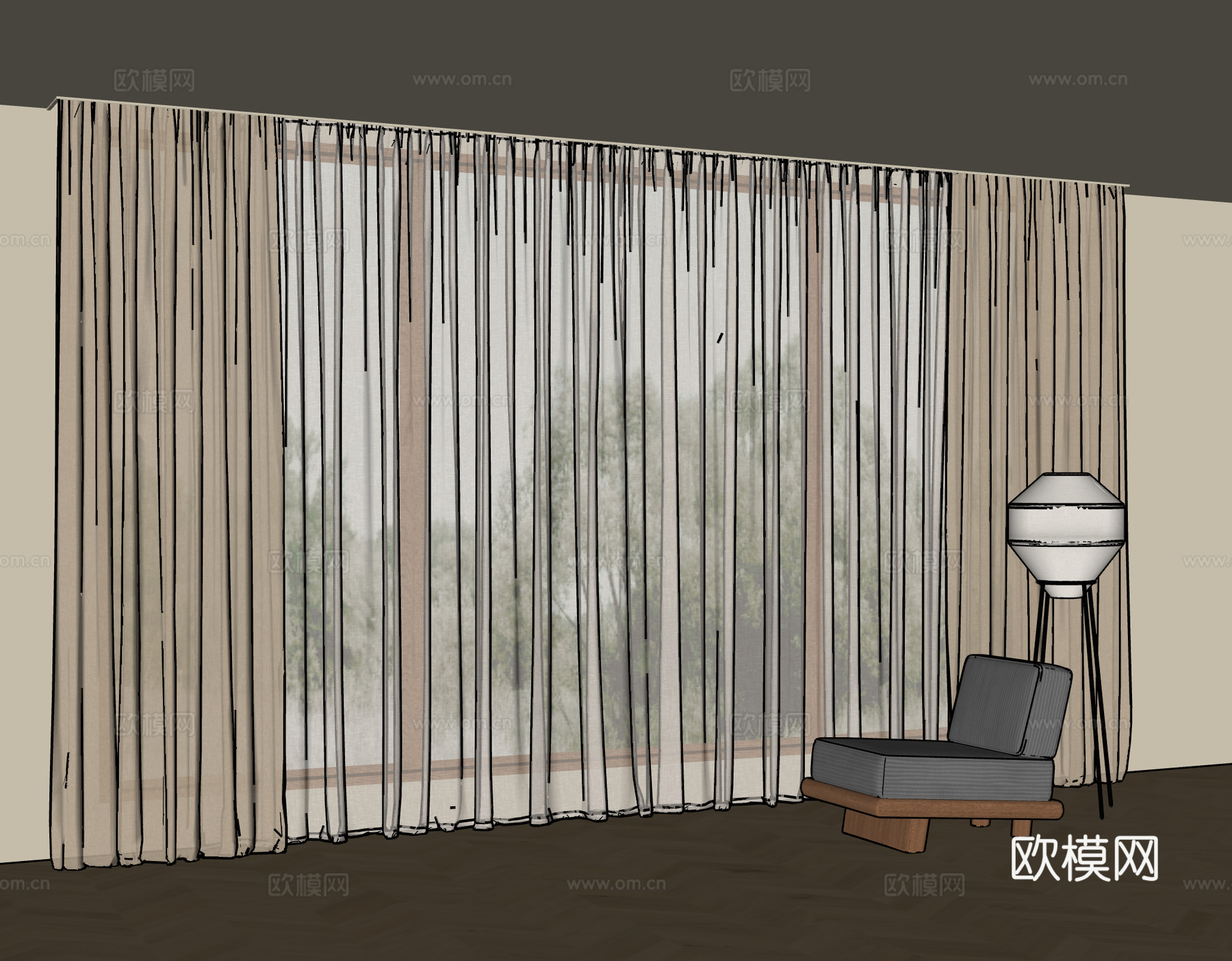 现代简约双层窗帘 亚麻窗帘 纱帘su模型