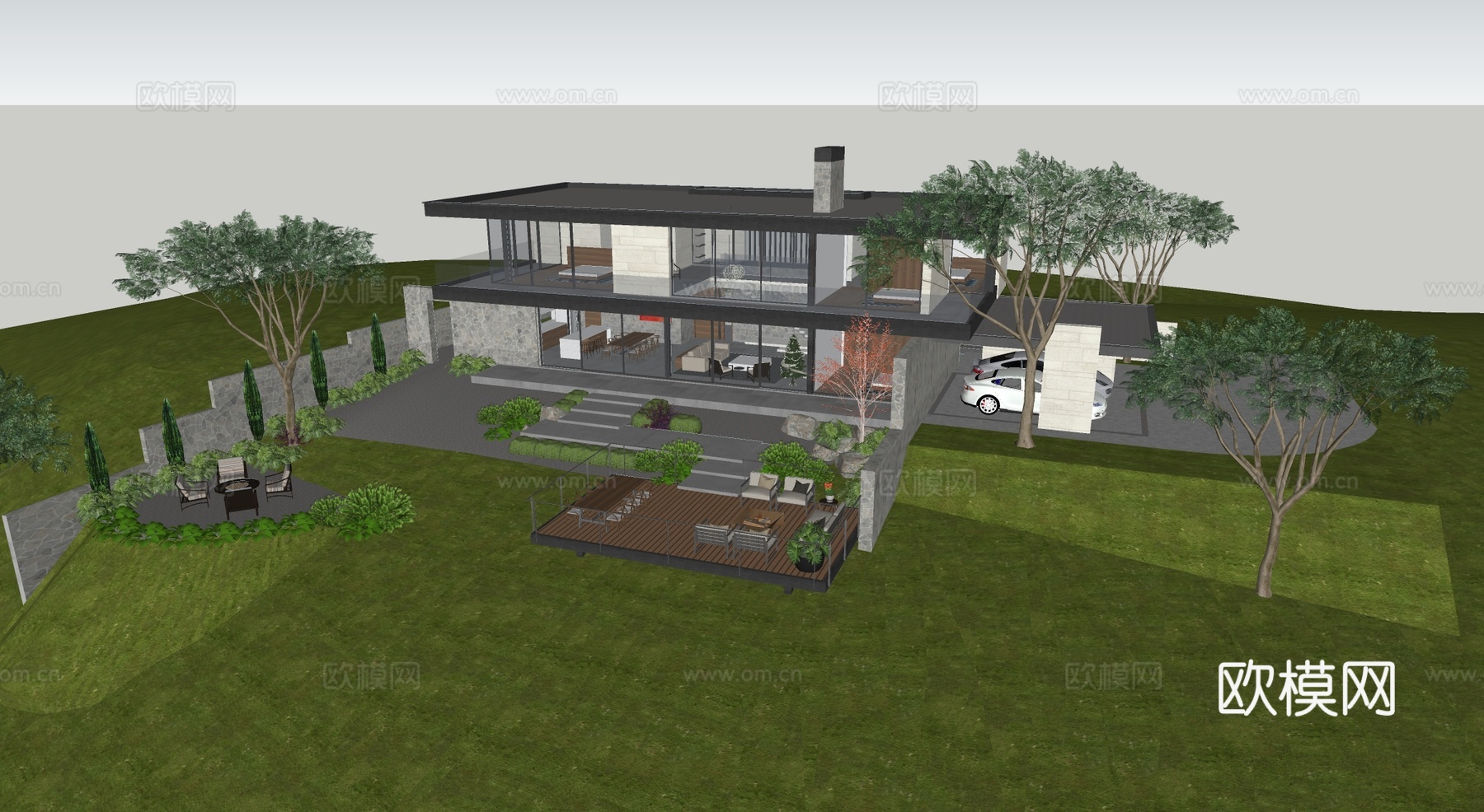 现代风格森林独栋别墅 玻璃幕墙 木饰面 完整景观庭院su模型