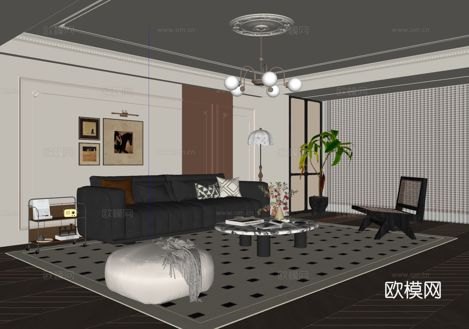 法式中古风客厅 沙发茶几 休闲椅 挂画 吊灯 落地灯 地毯su模型