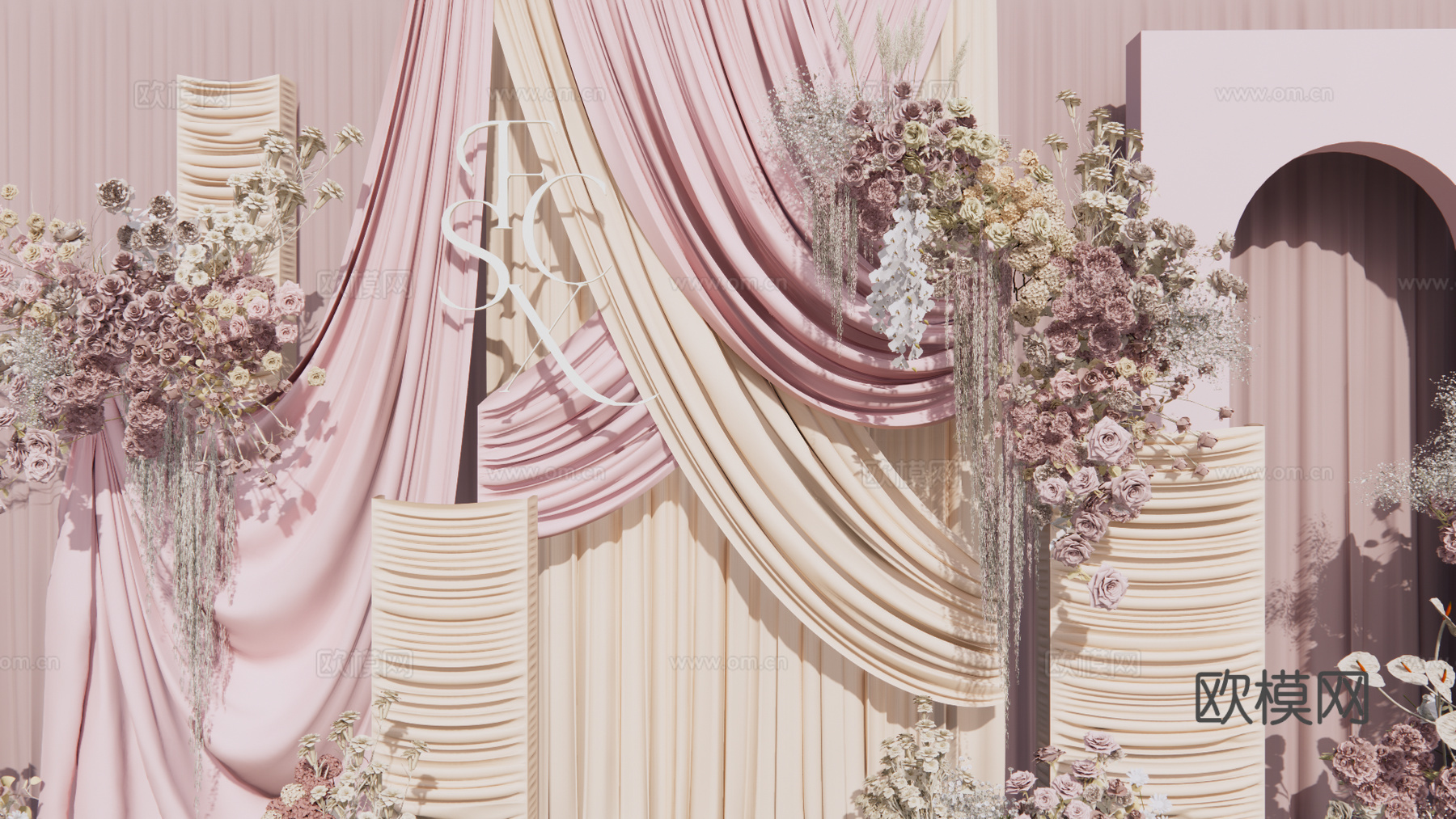 小众香槟粉布幔婚礼美陈su模型