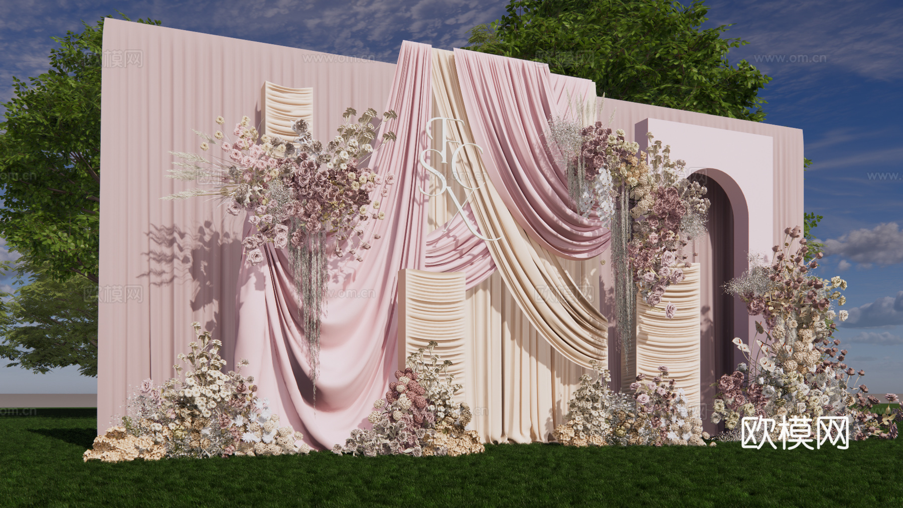 小众香槟粉布幔婚礼美陈su模型