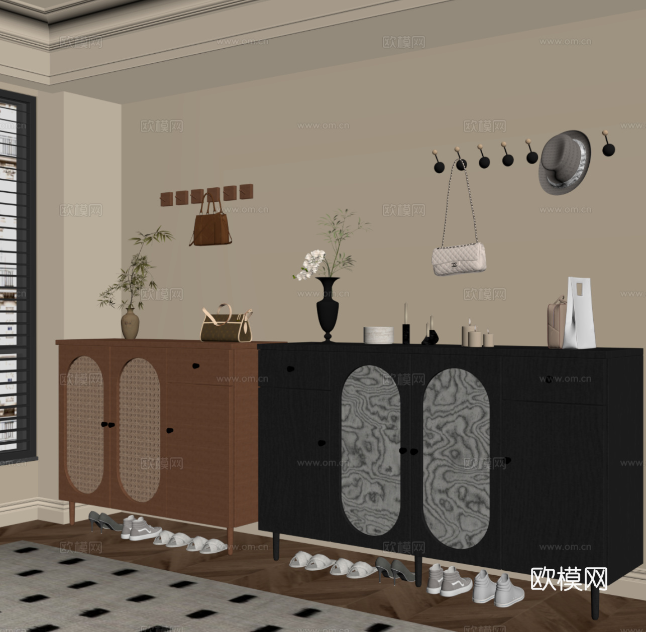 中古风鞋柜 法式鞋柜 挂衣板su模型