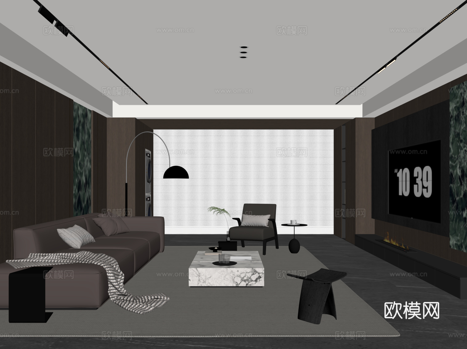 现代意式客厅 电视墙 沙发茶几组合su模型