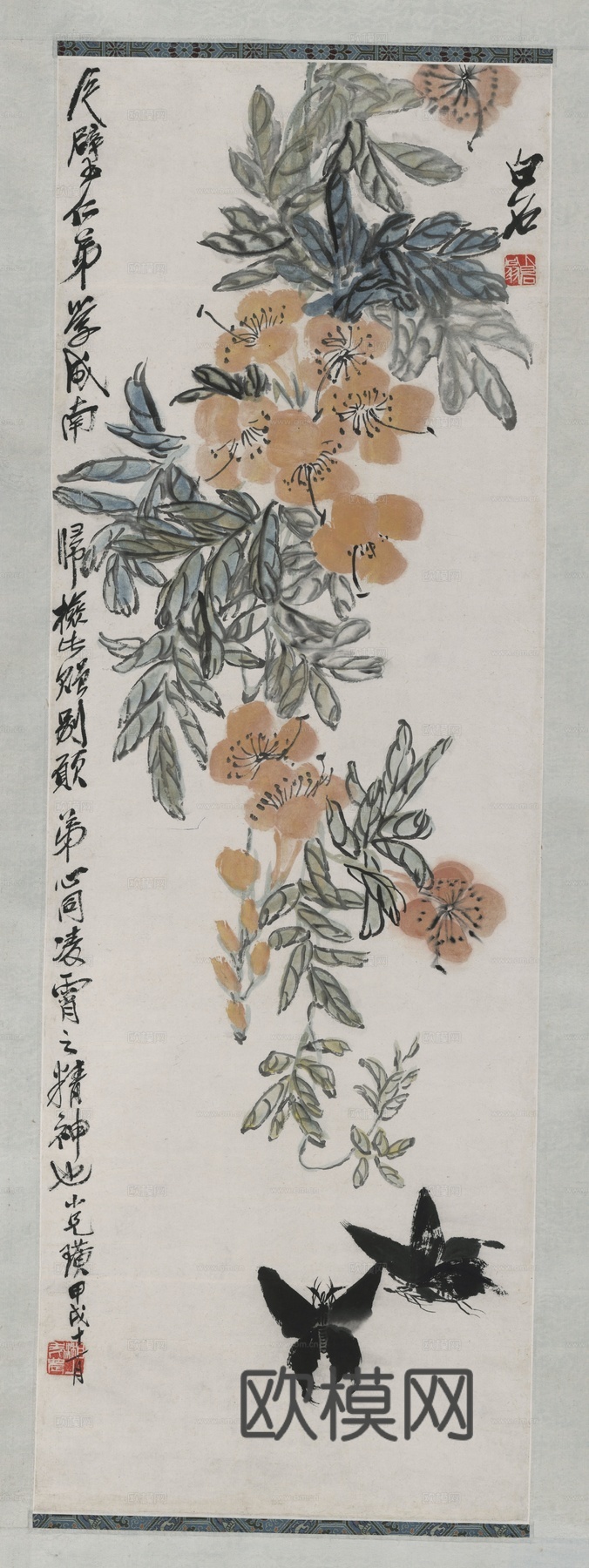 齐白石写意水墨画，近现代水墨画-黄花双蝶