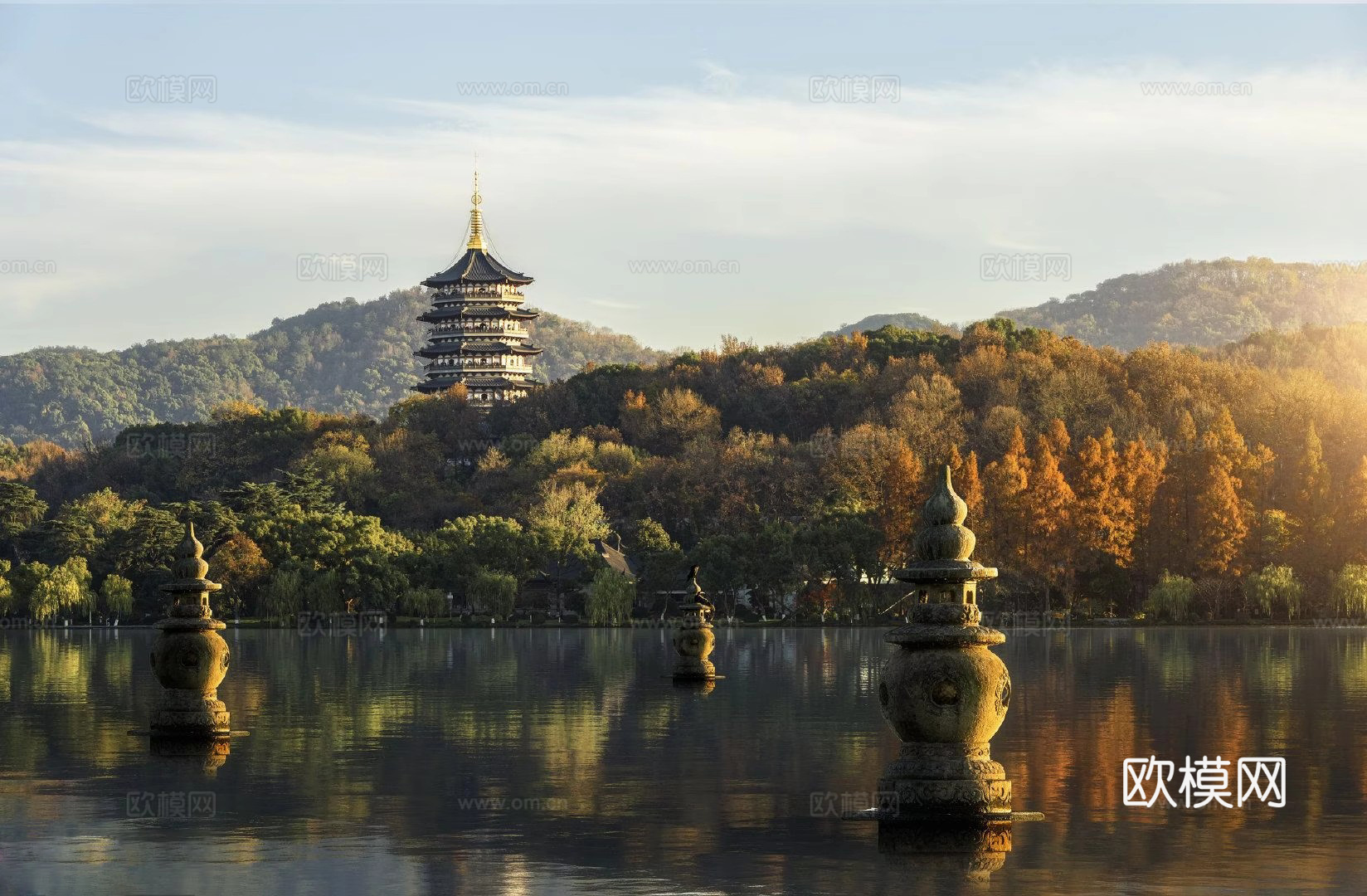 山水外景贴图 西湖风景 夕阳 宝塔 朝阳