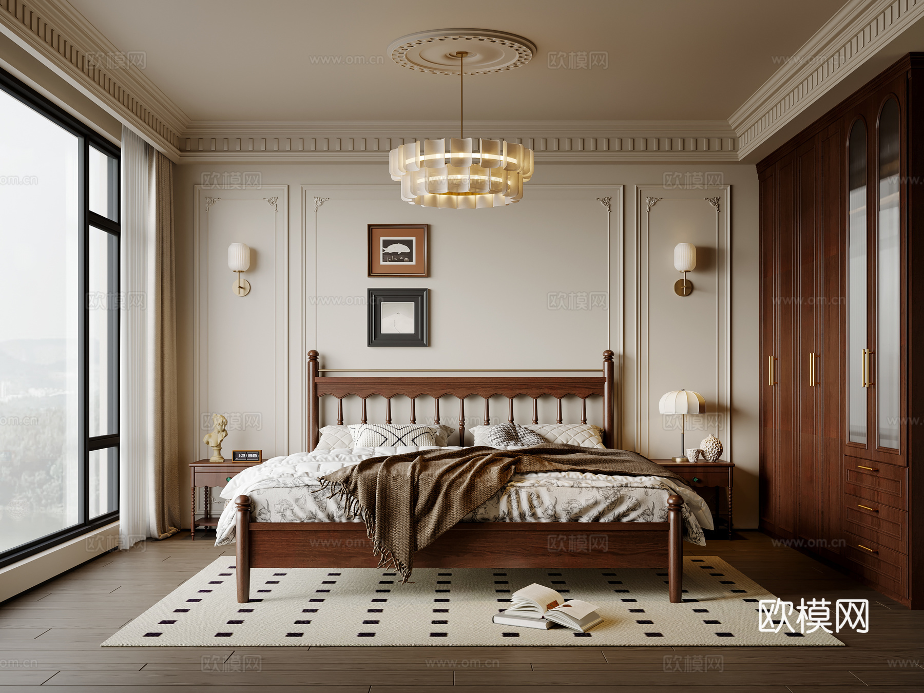 法式中古风卧室 实木双人床 床头柜 吊灯 挂画 地毯su模型