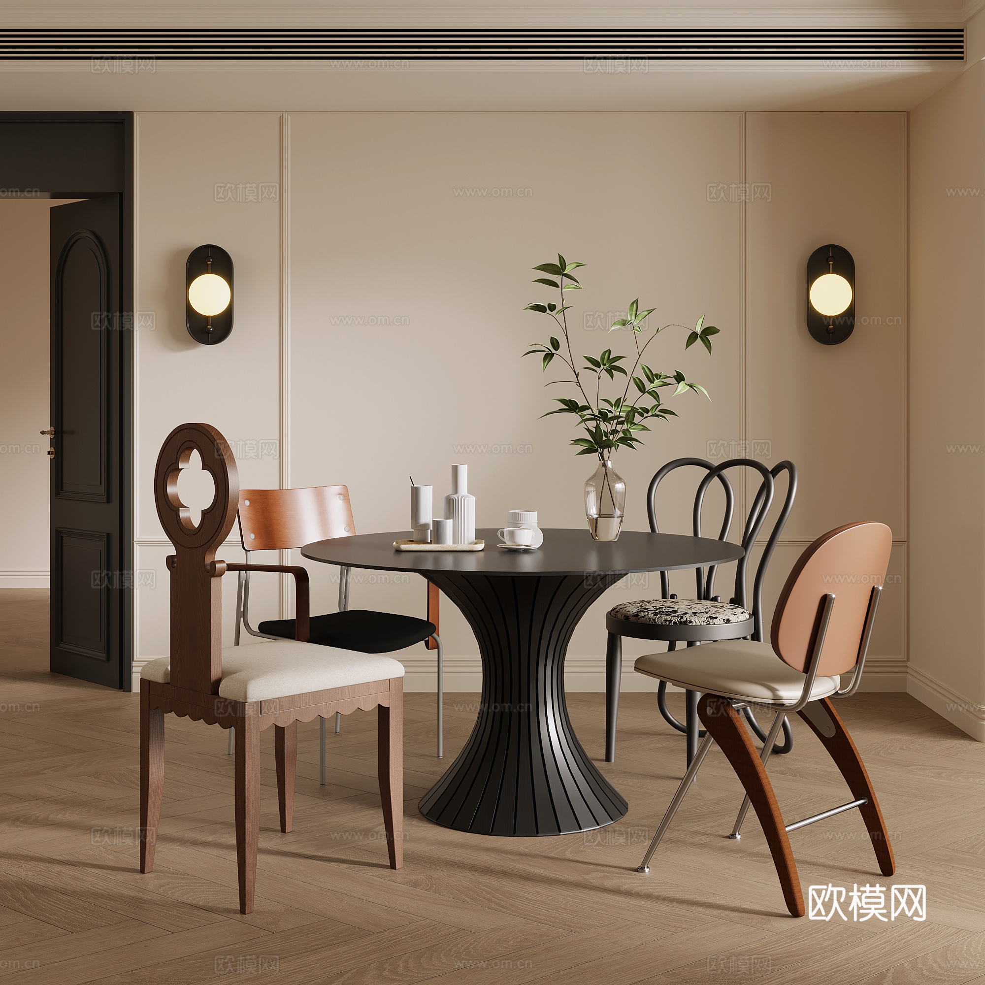 法式中古餐桌椅  休闲桌椅su模型下载（渲染图1）