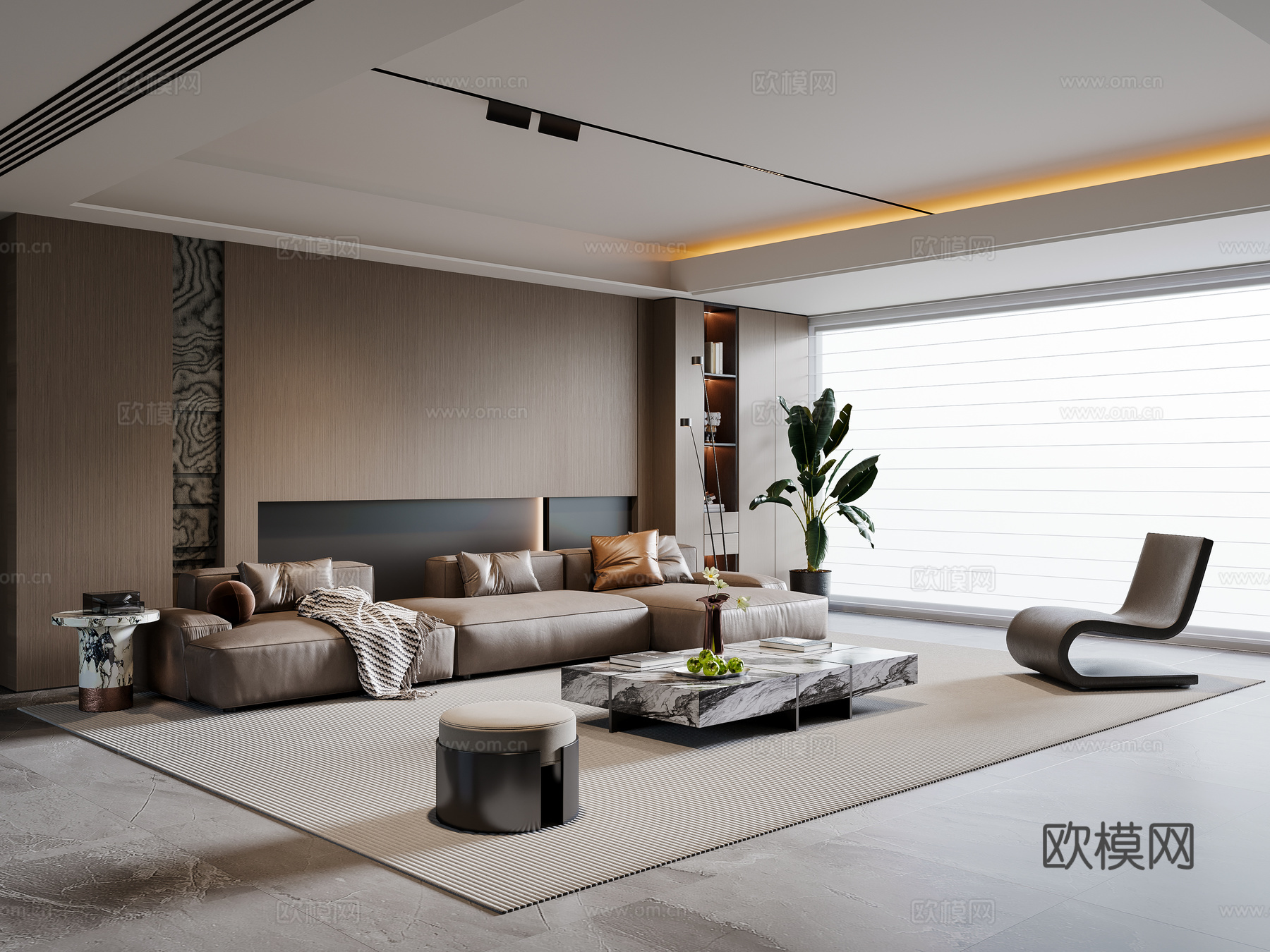 现代意式客厅 沙发茶几 转角沙发 休闲椅 落地灯 地毯su模型