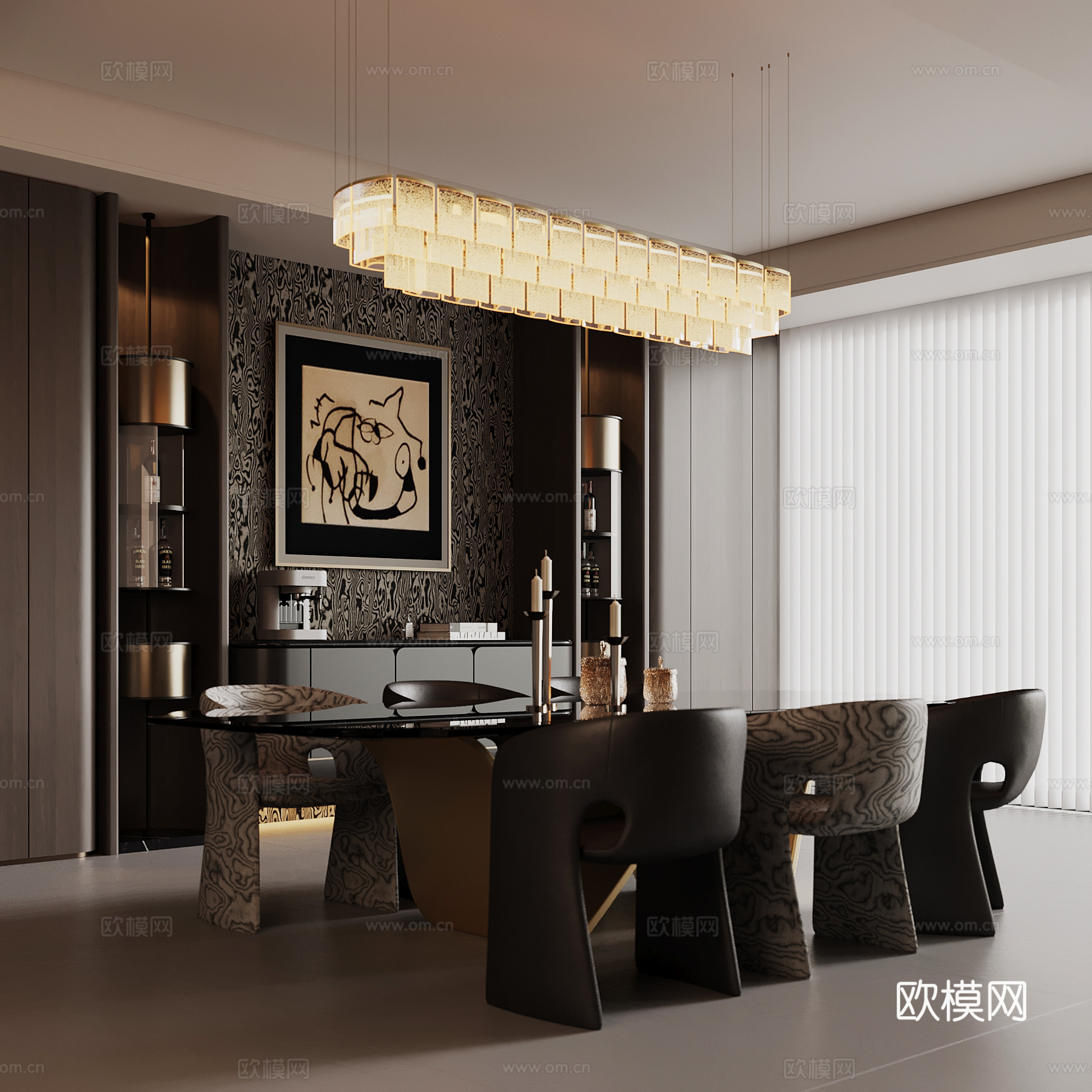 现代餐厅 餐桌椅 酒柜su模型