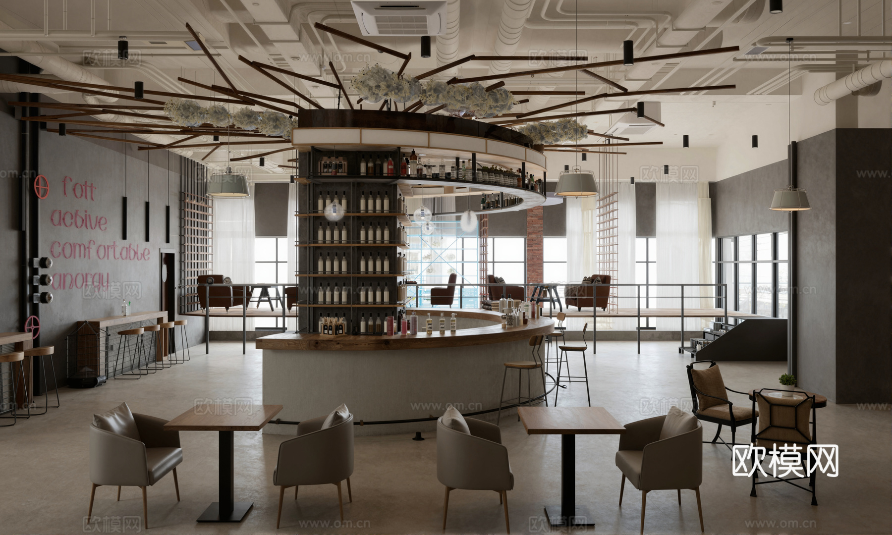 工业风酒吧_清吧_酒吧台_卡座区_吧台_收银台_酒柜_卡座_su模型
