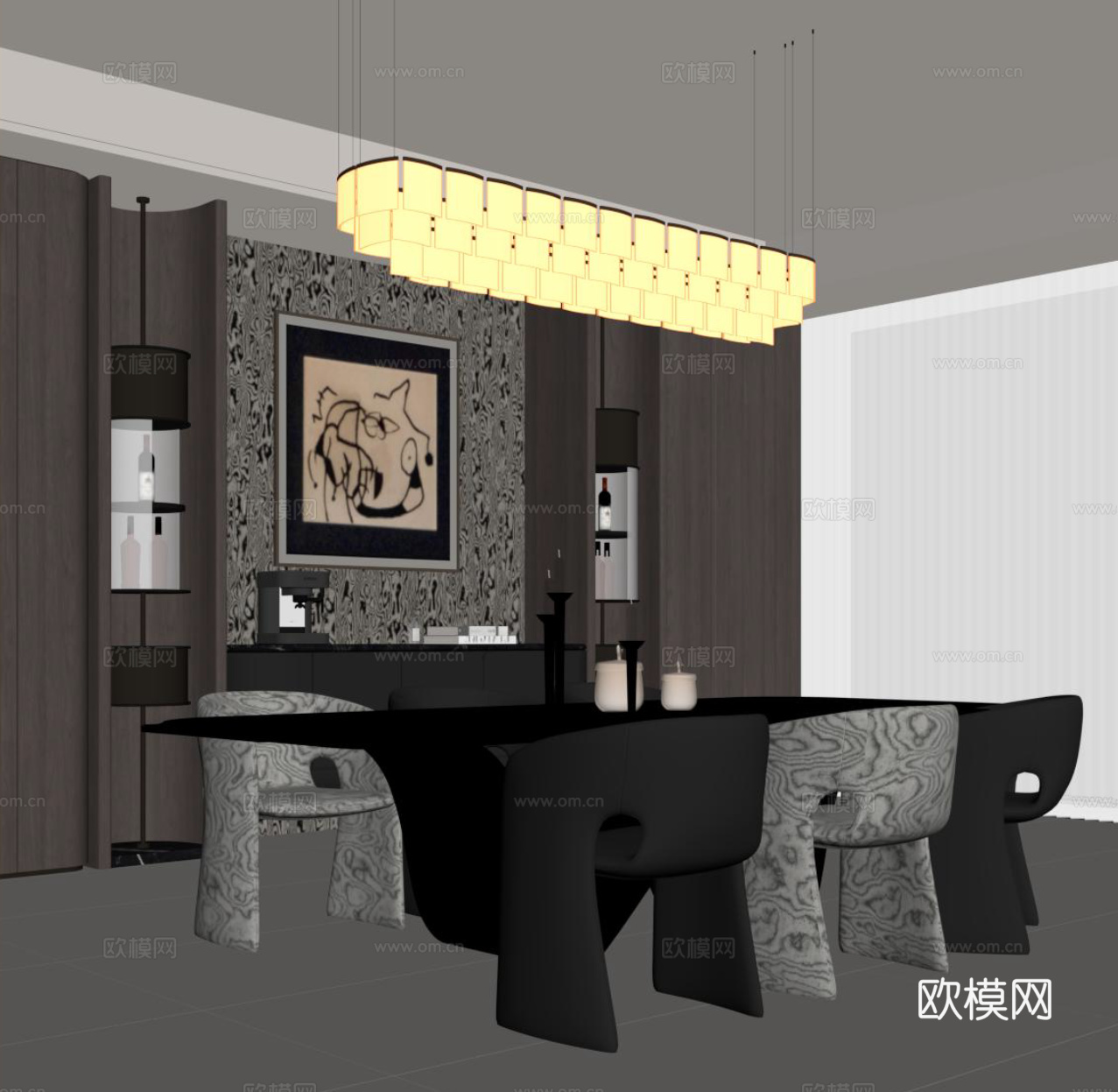 现代餐厅 餐桌椅 酒柜su模型