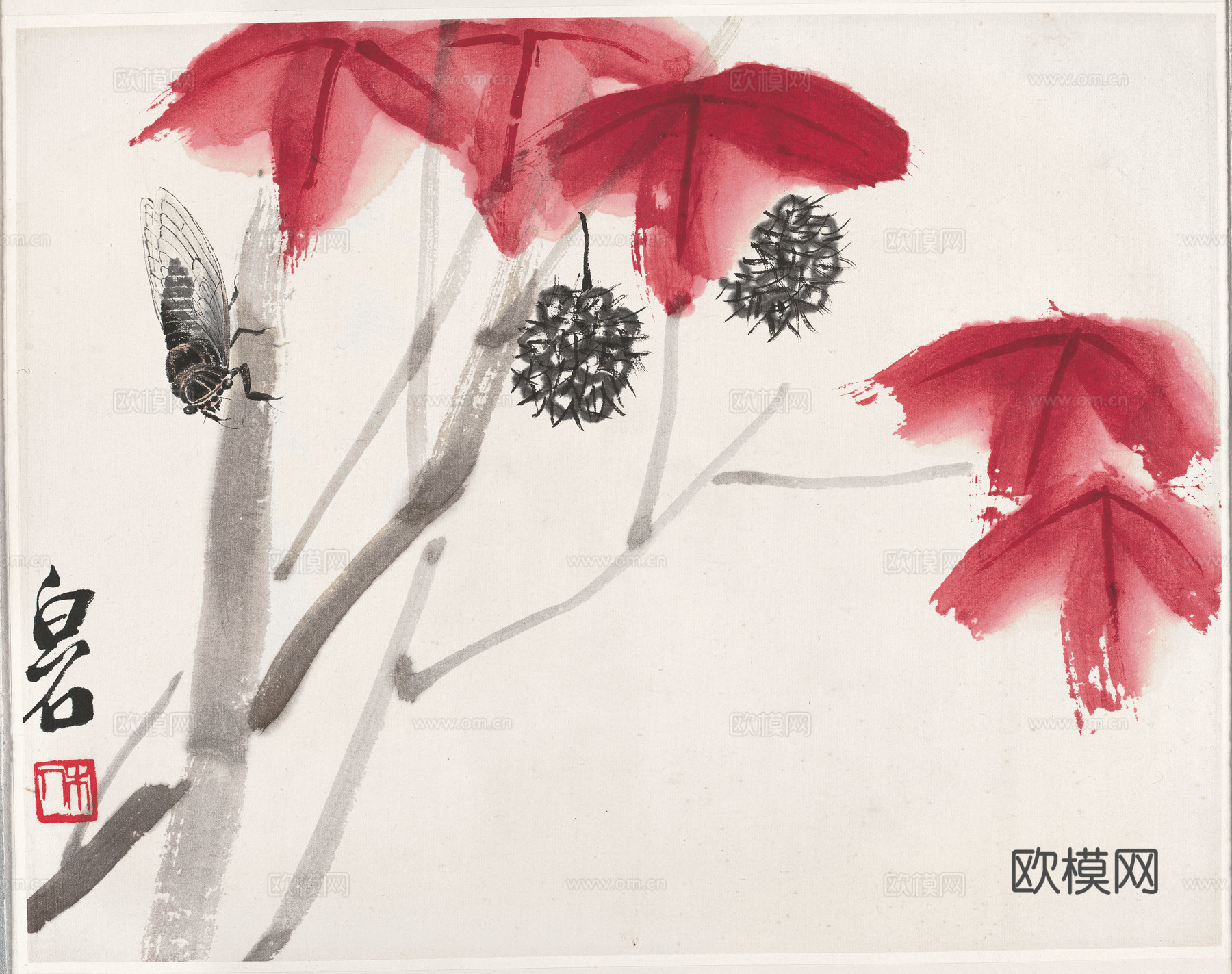 齐白石写意水墨画，近现代水墨画红叶秋蝉