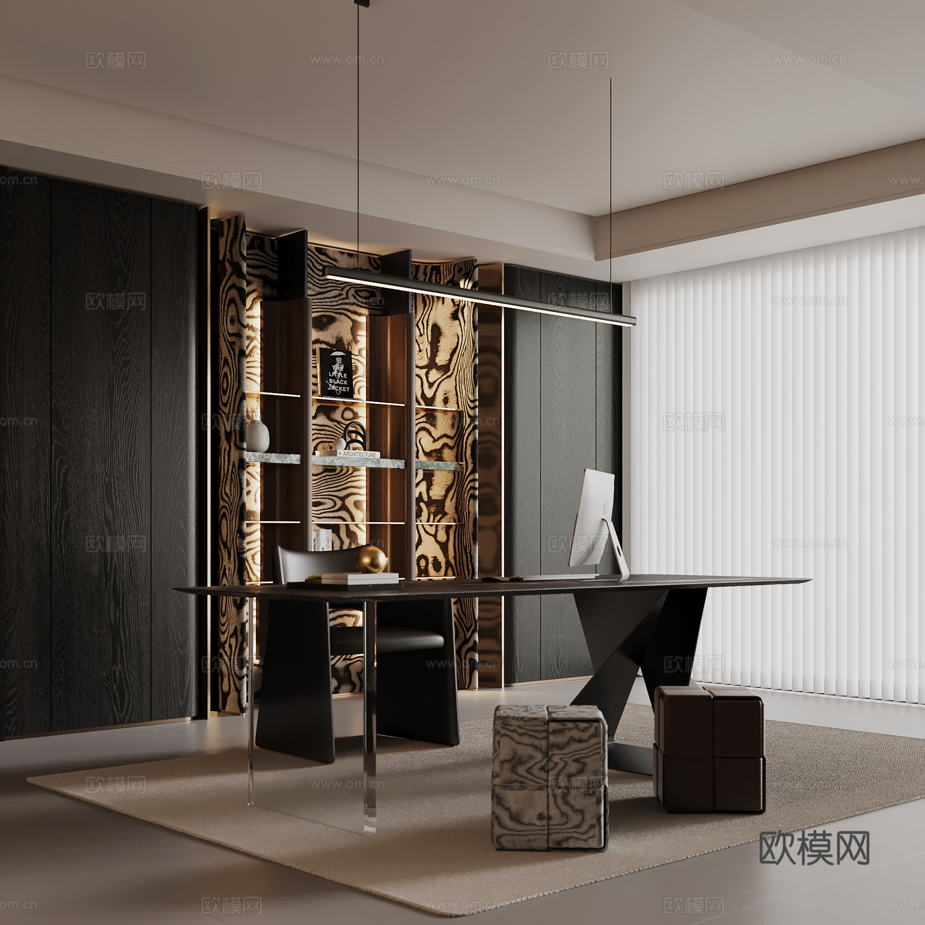 现代书房 书柜 书桌椅su模型