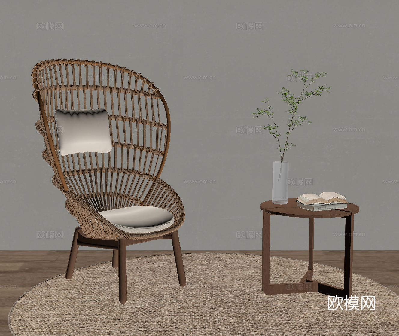 侘寂中古风休闲椅 边几su模型