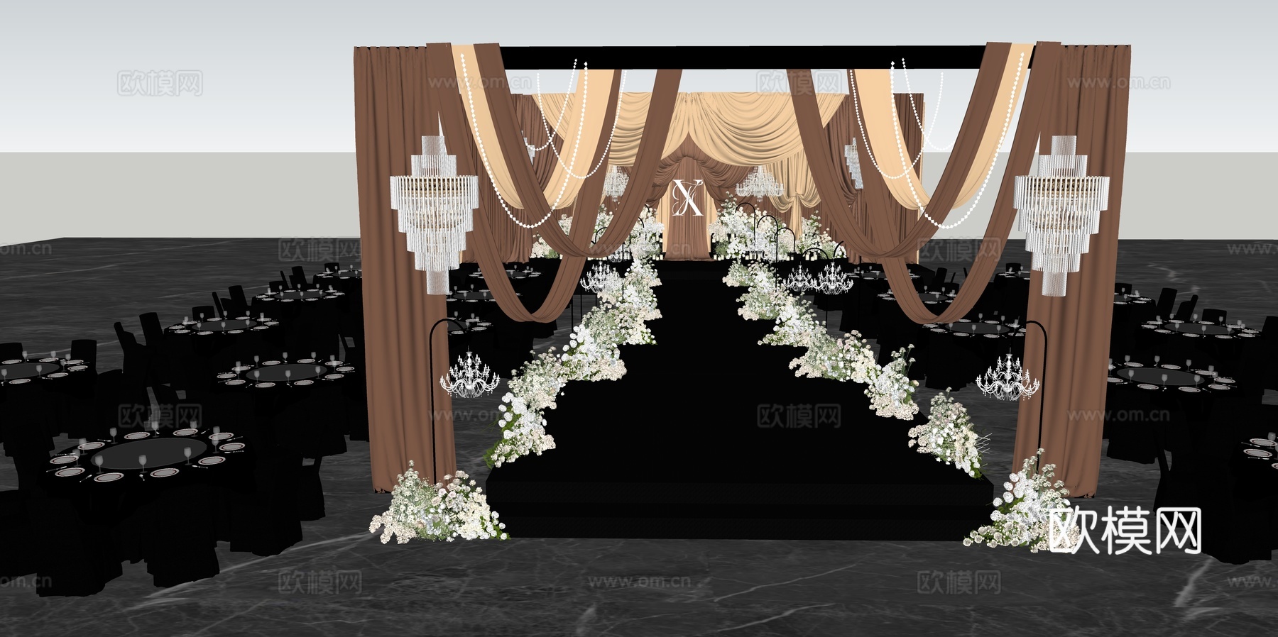 咖啡色布幔婚礼吊顶花艺美陈su模型
