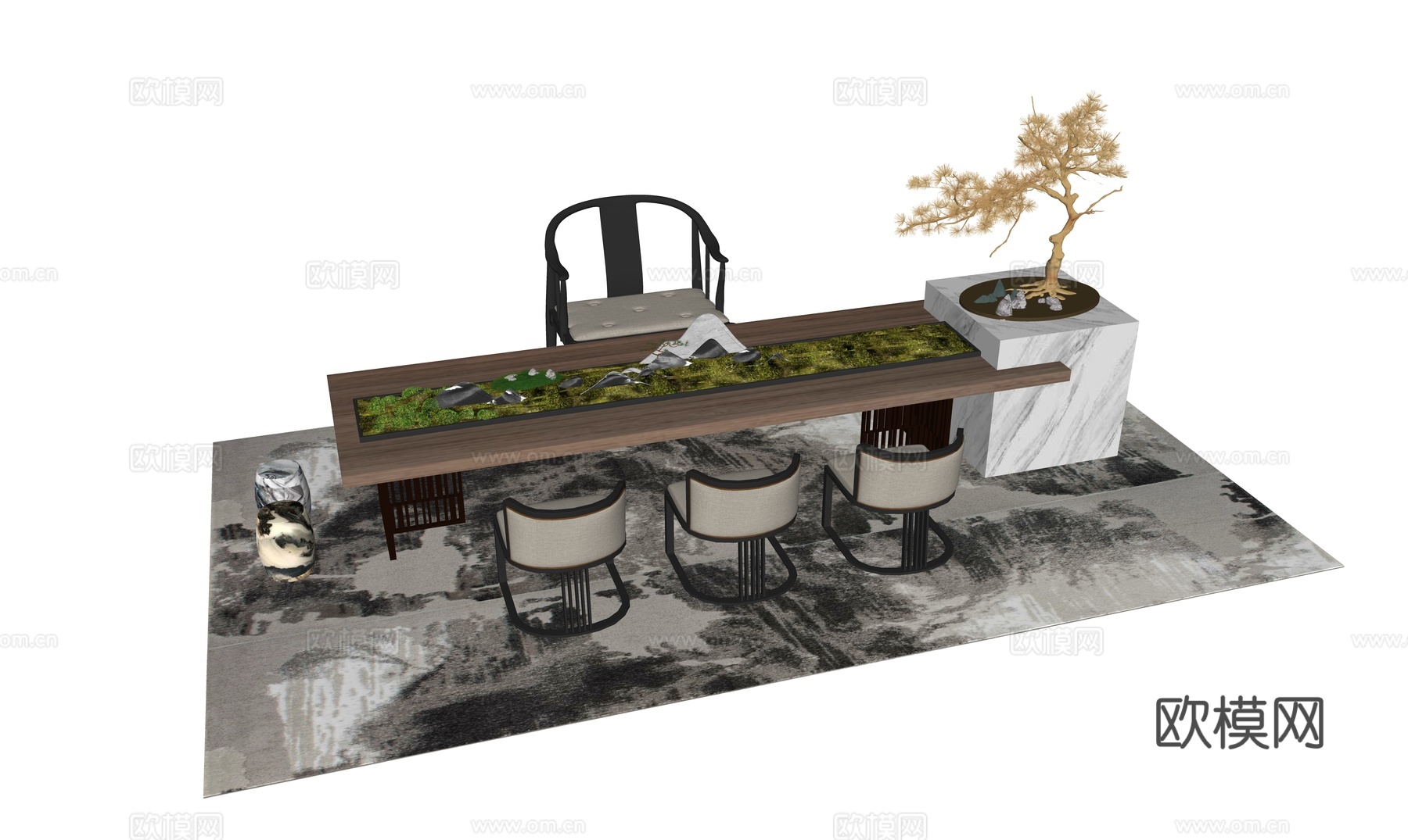 新中式茶桌椅su模型