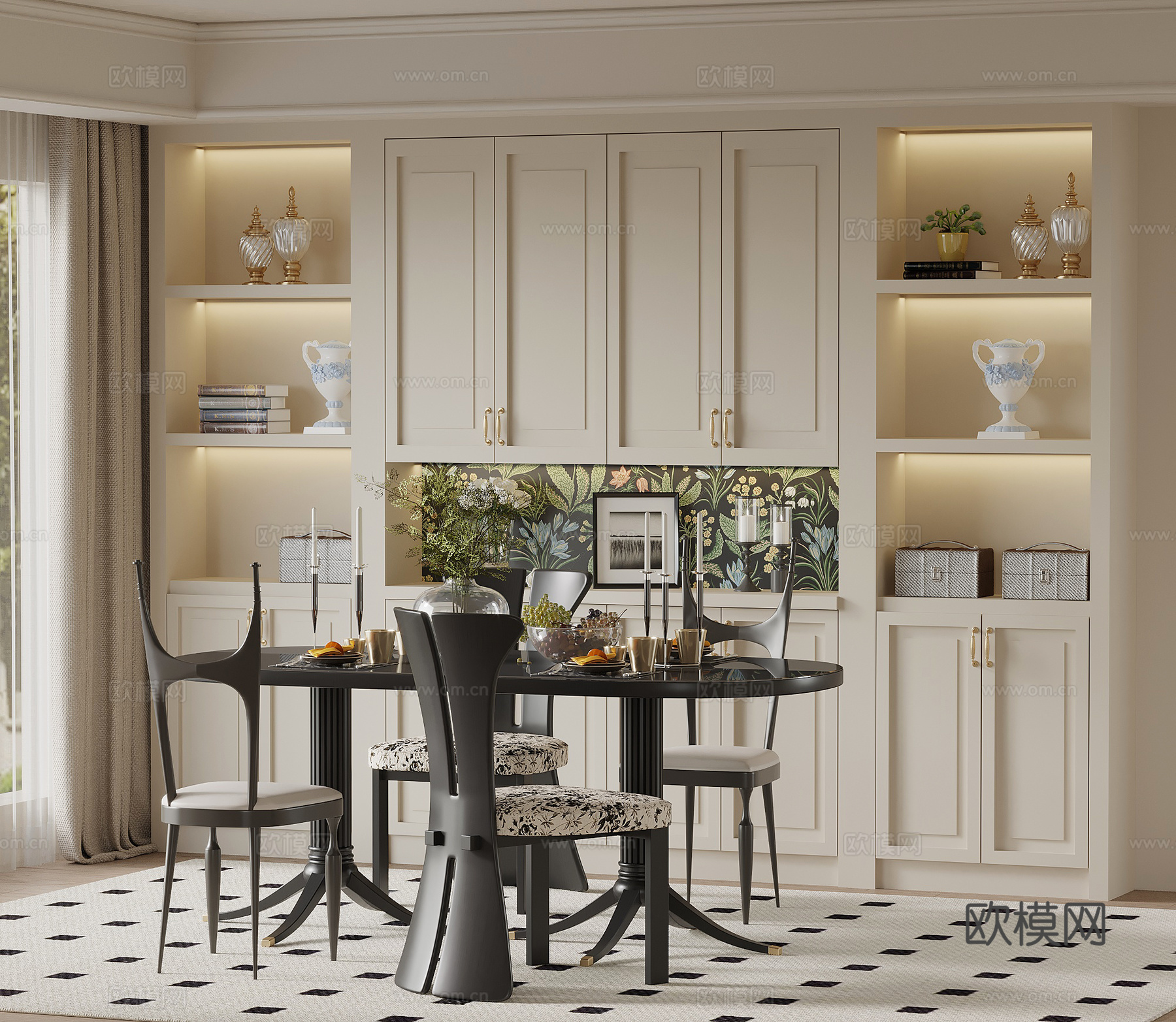 法式奶油风餐厅 餐边柜 餐桌椅su模型su模型