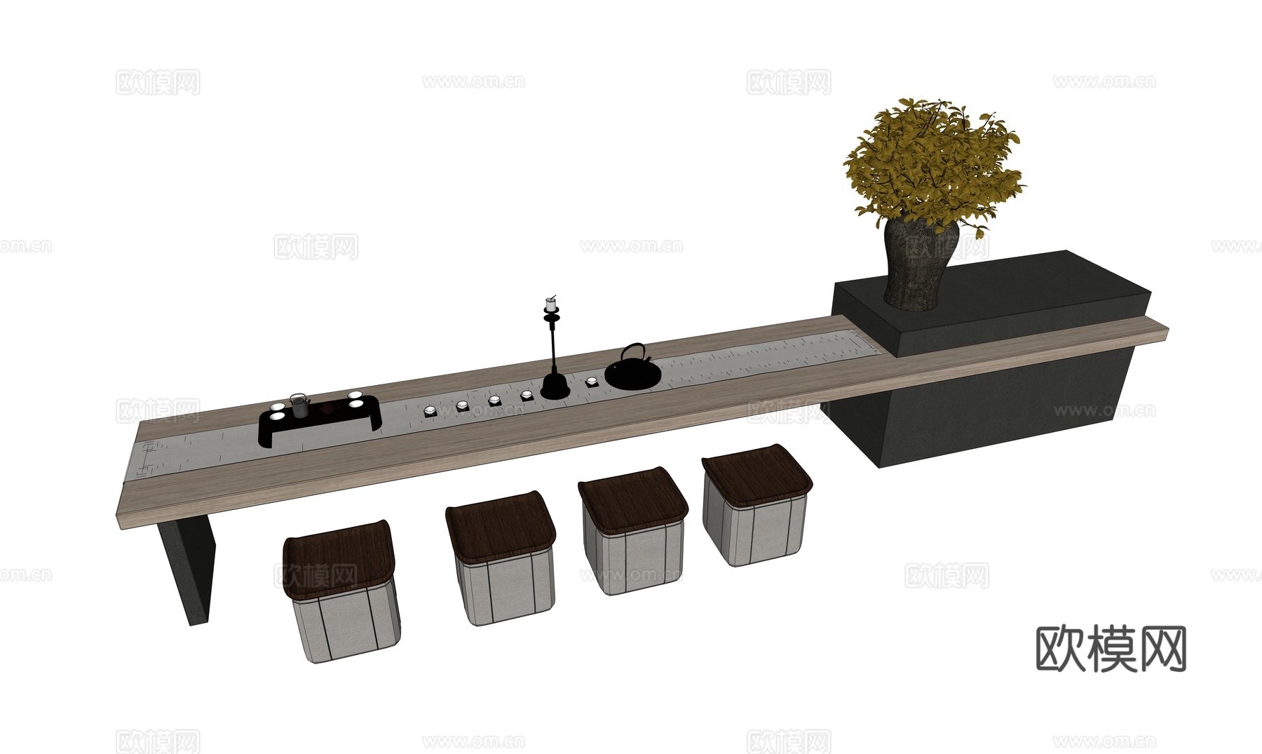 新中式茶桌椅su模型