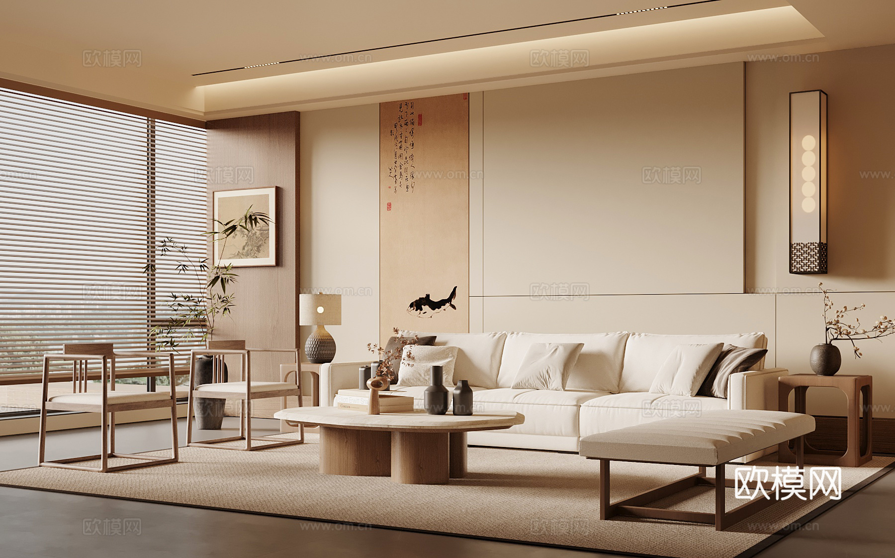 宋式禅意客厅 沙发茶几组合 沙发背景墙su模型