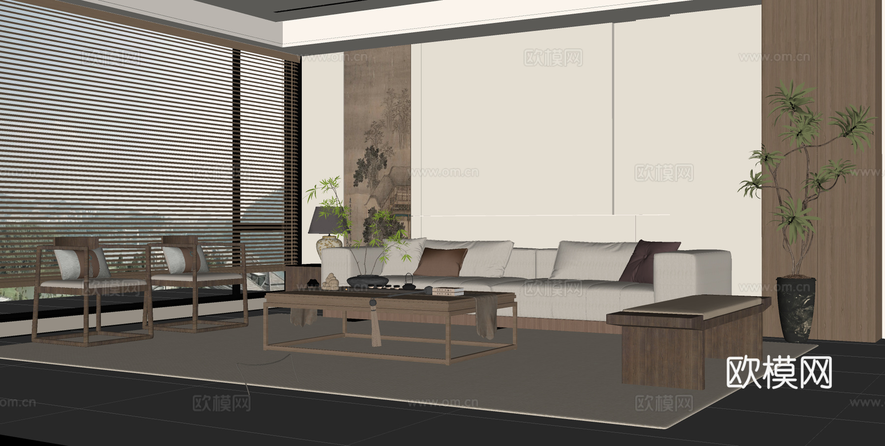 宋式禅意客厅 沙发茶几组合 沙发背景墙 家居客厅su模型