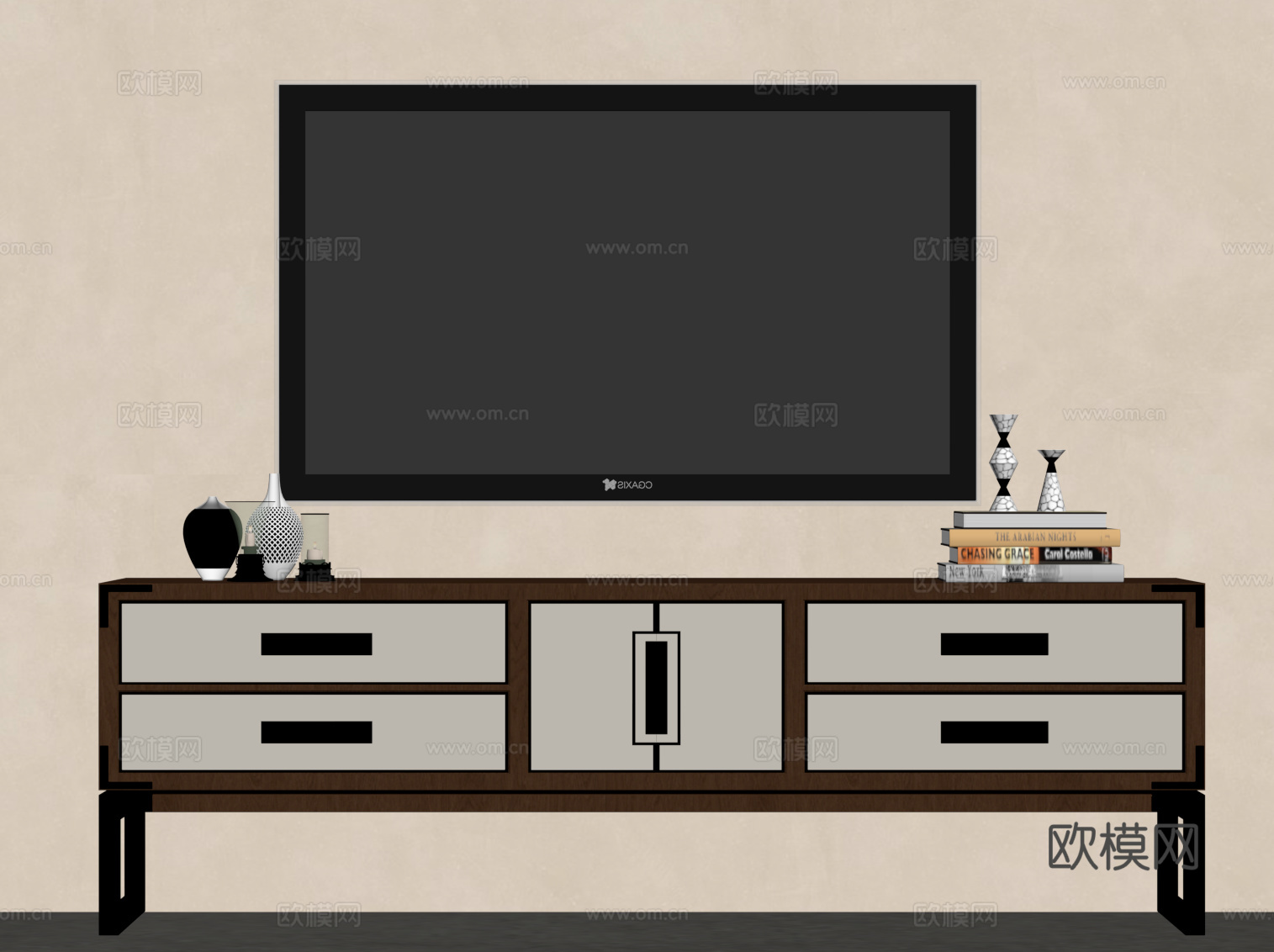 新中式电视柜 边柜su模型下载（渲染图2）