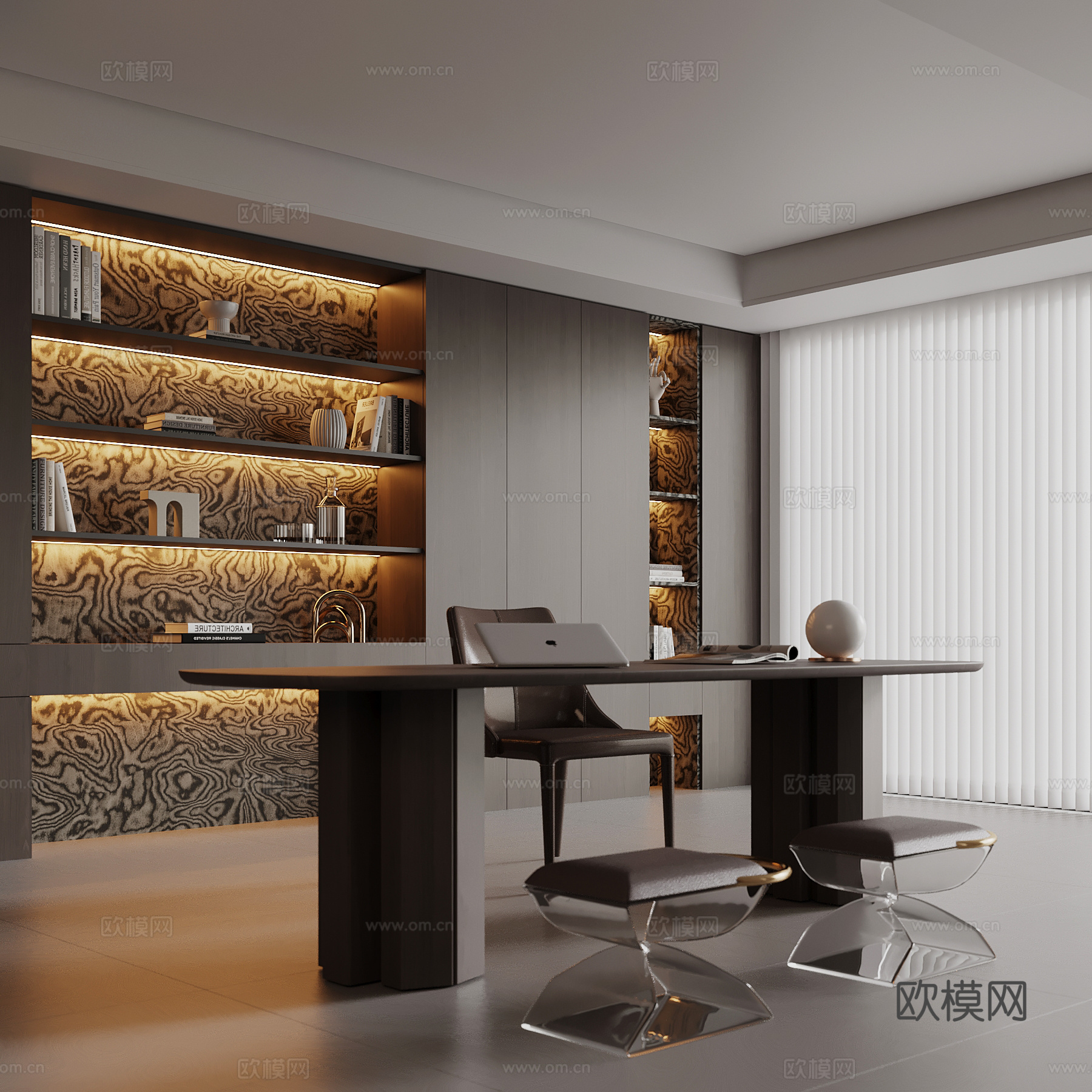 意式书房 书桌椅 书柜su模型