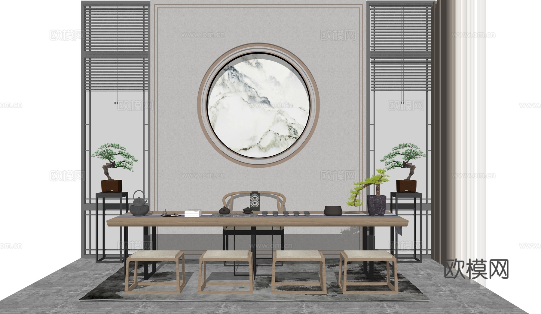 新中式茶室su模型下载（渲染图2）