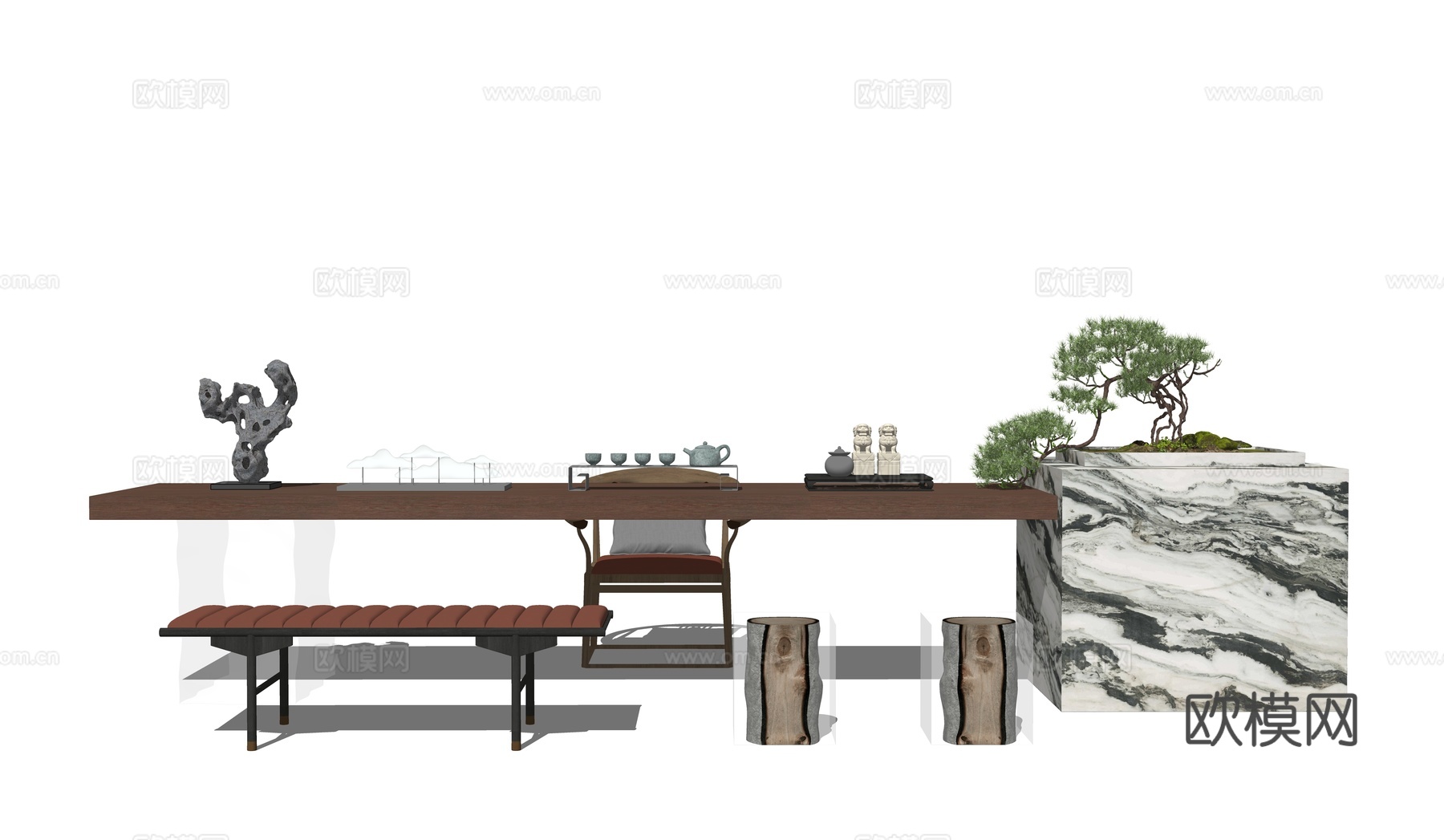 新中式茶桌椅su模型