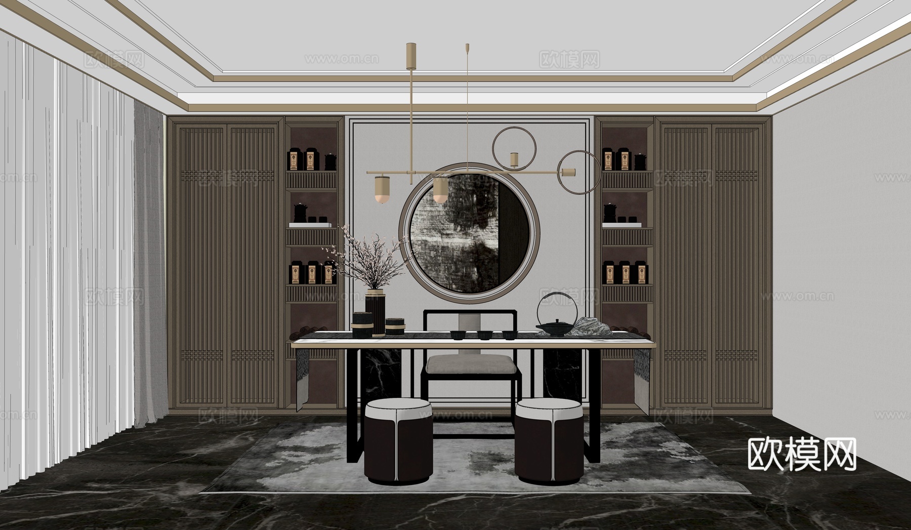 新中式书房su模型