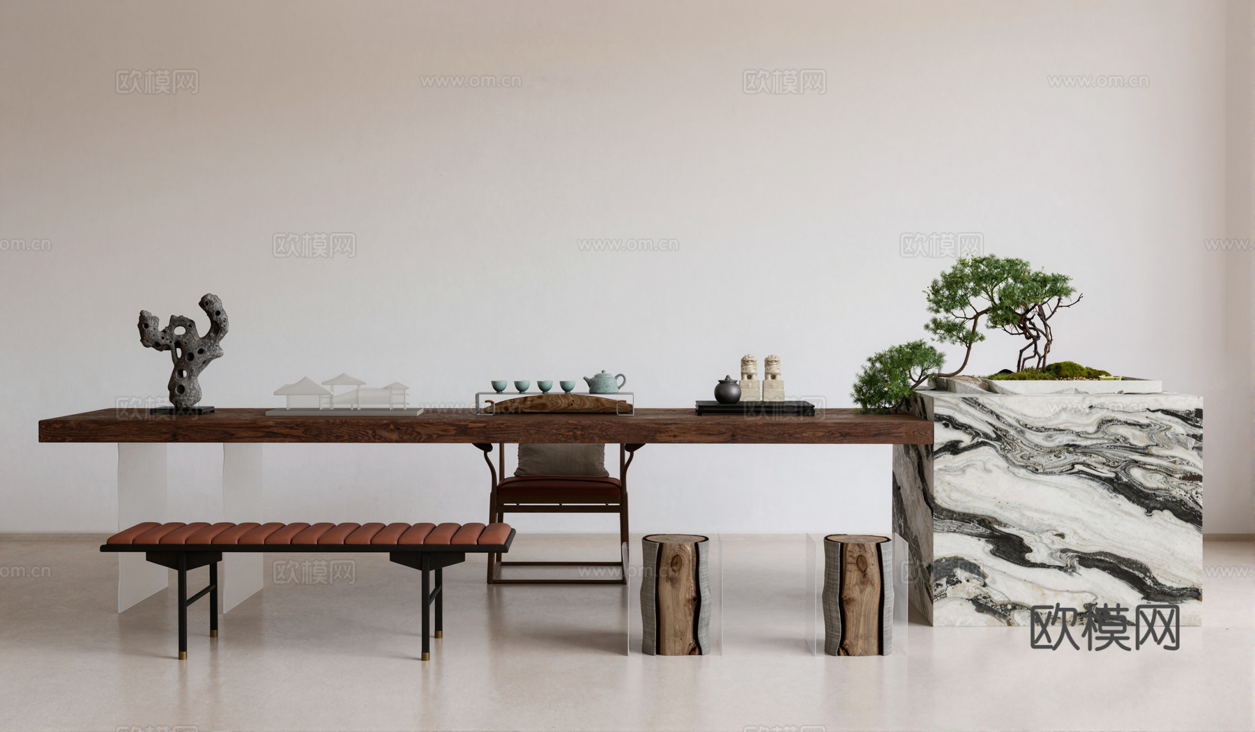 新中式茶桌椅su模型