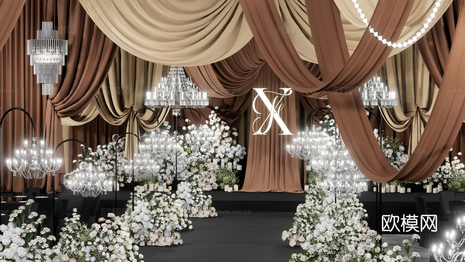 咖啡色布幔婚礼吊顶花艺美陈su模型