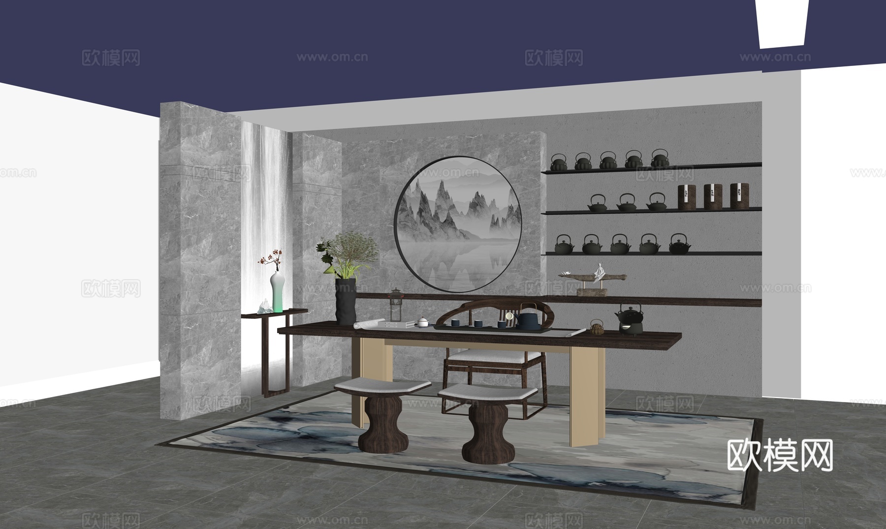 新中式茶室 茶桌椅组合su模型