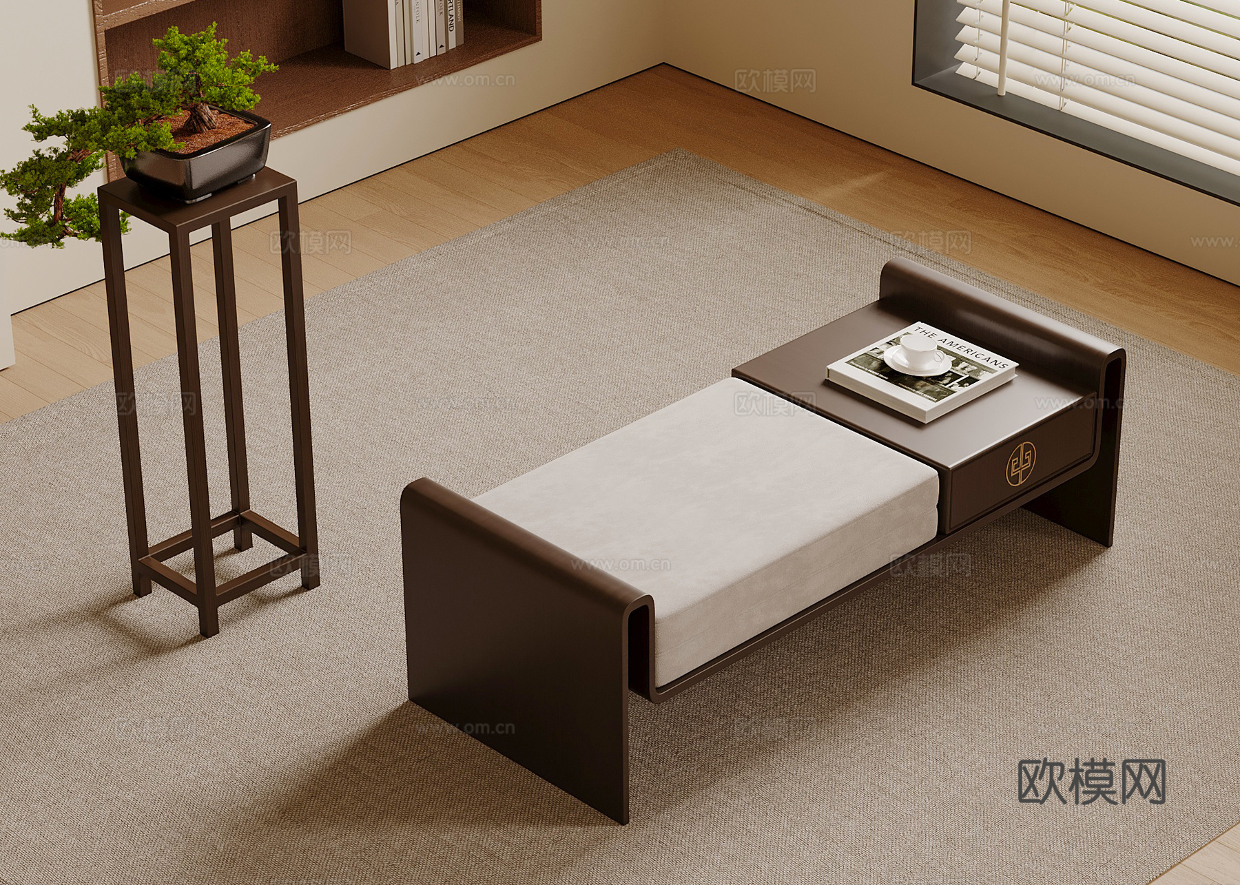 新中式床尾塌 换鞋沙发 长形沙发 床尾凳 花架su模型