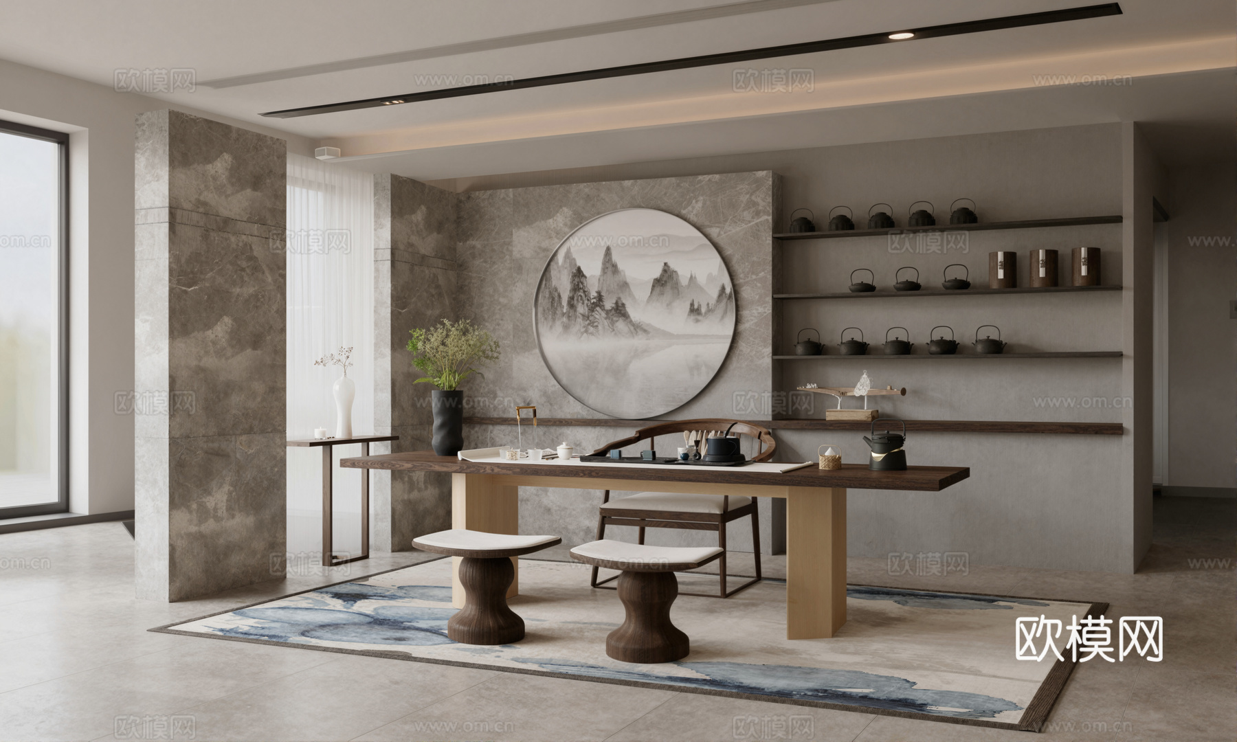 新中式茶室 茶桌椅组合su模型