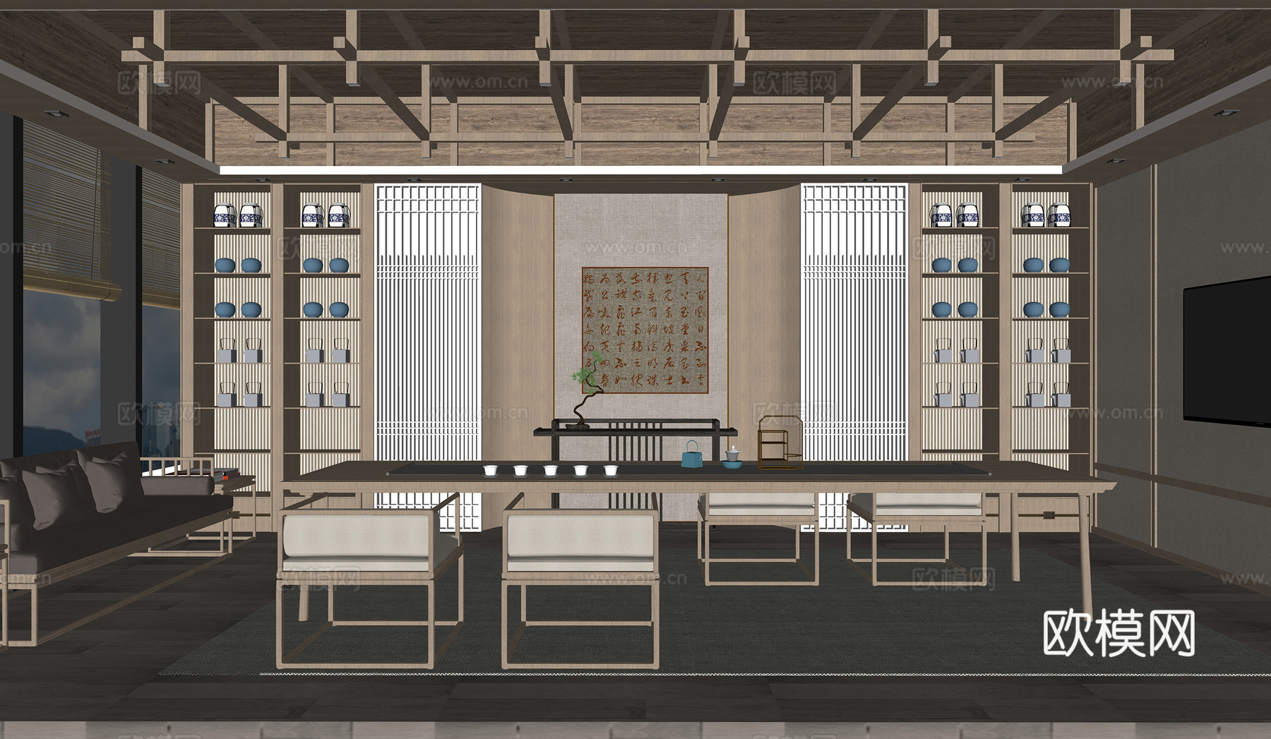 新中式茶室 茶桌椅组合su模型